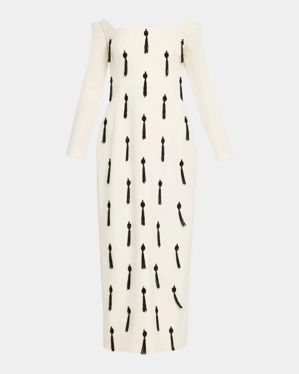 Tassel Embroidered Stretch Cotton Off-The-Shoulder Column Dress - 1
