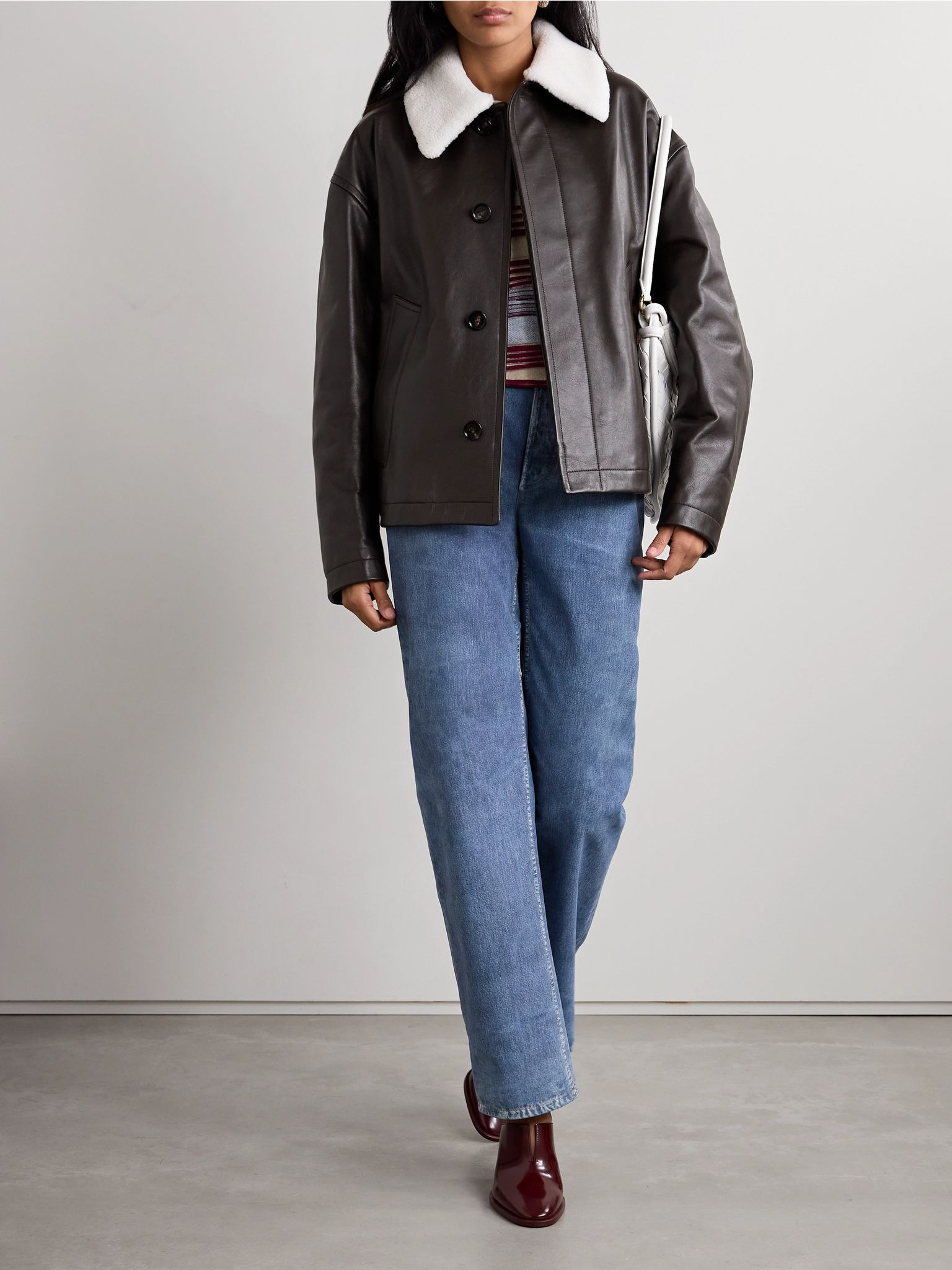 Shearling-trimmed leather jacket Dark brown - 2