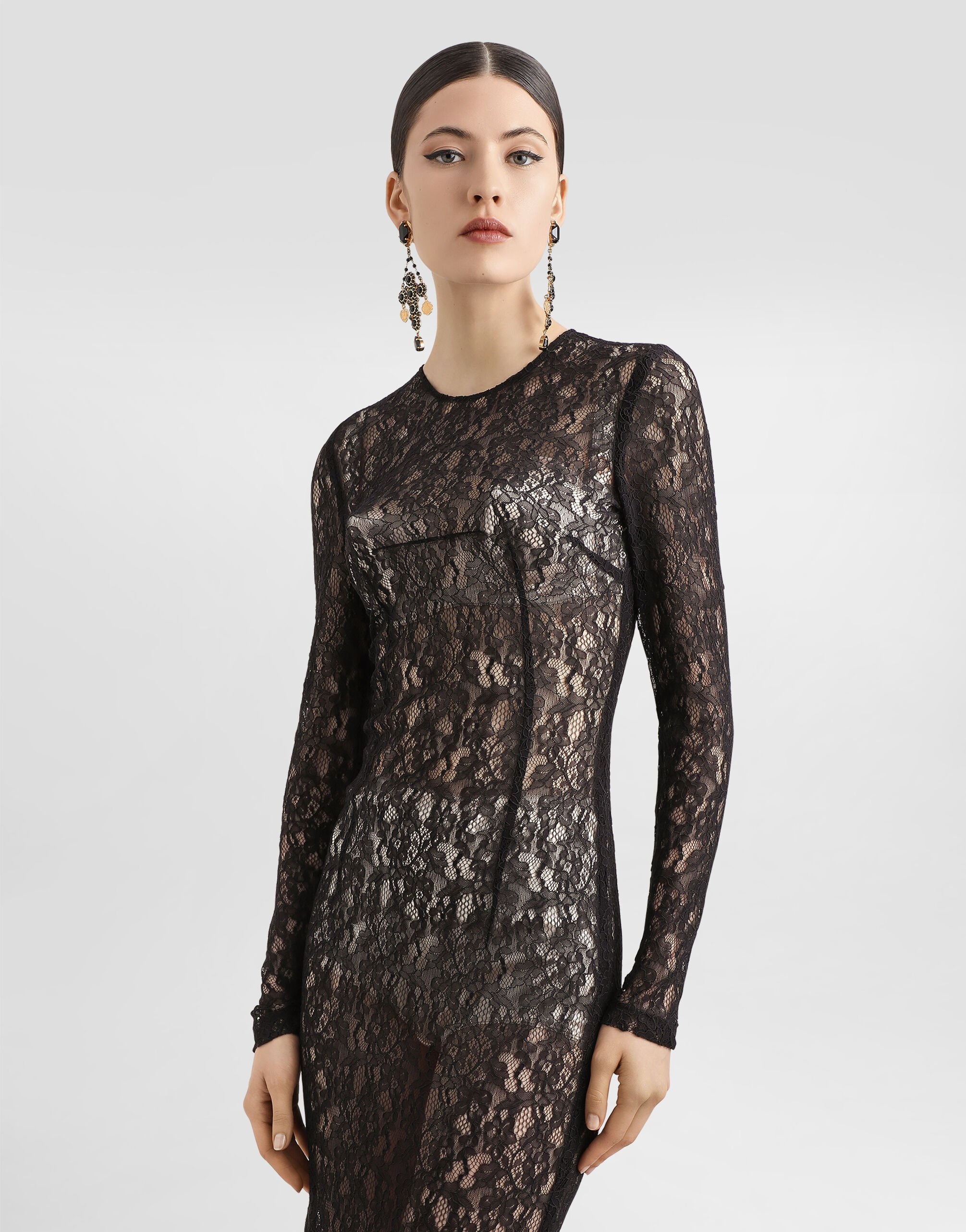 Calf-length floral lace dress - 4