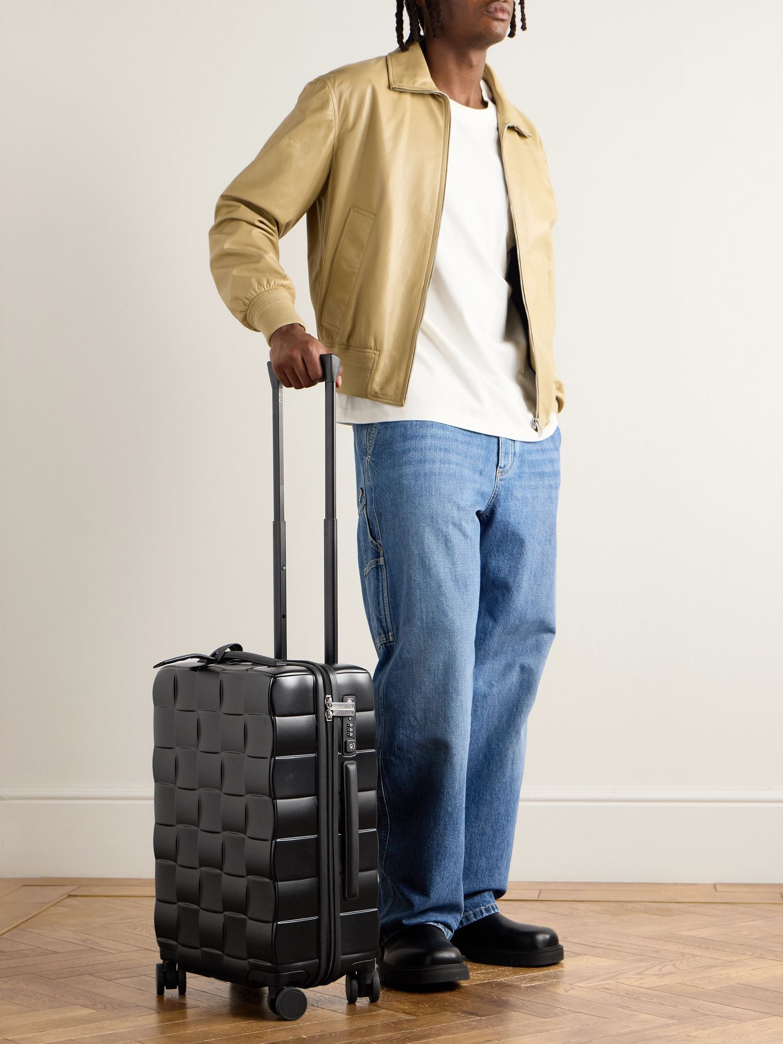 Odyssey 55cm Leather-Trimmed Intrecciato Polycarbonate Suitcase Black - 2