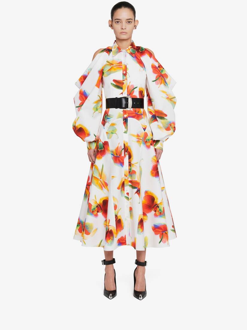 Women's Slashed Drape Sleeve Shirt Dress in Optic White - 2
