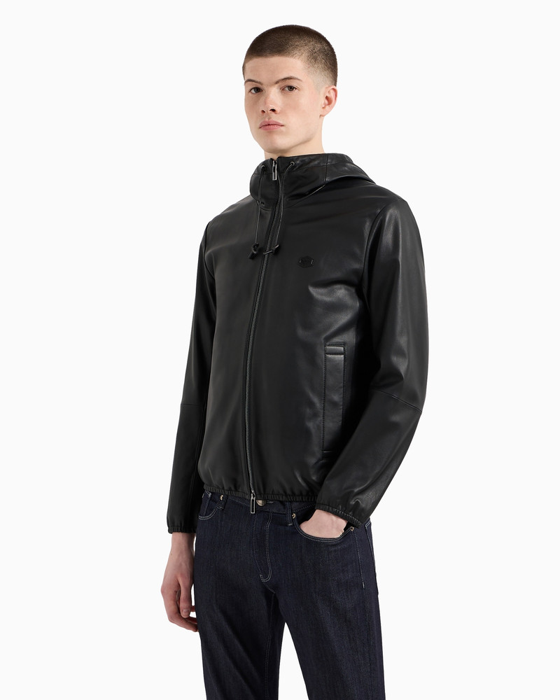 EMPORIO ARMANI Hooded, semi-aniline nappa lambskin blouson with full-length zip outlook