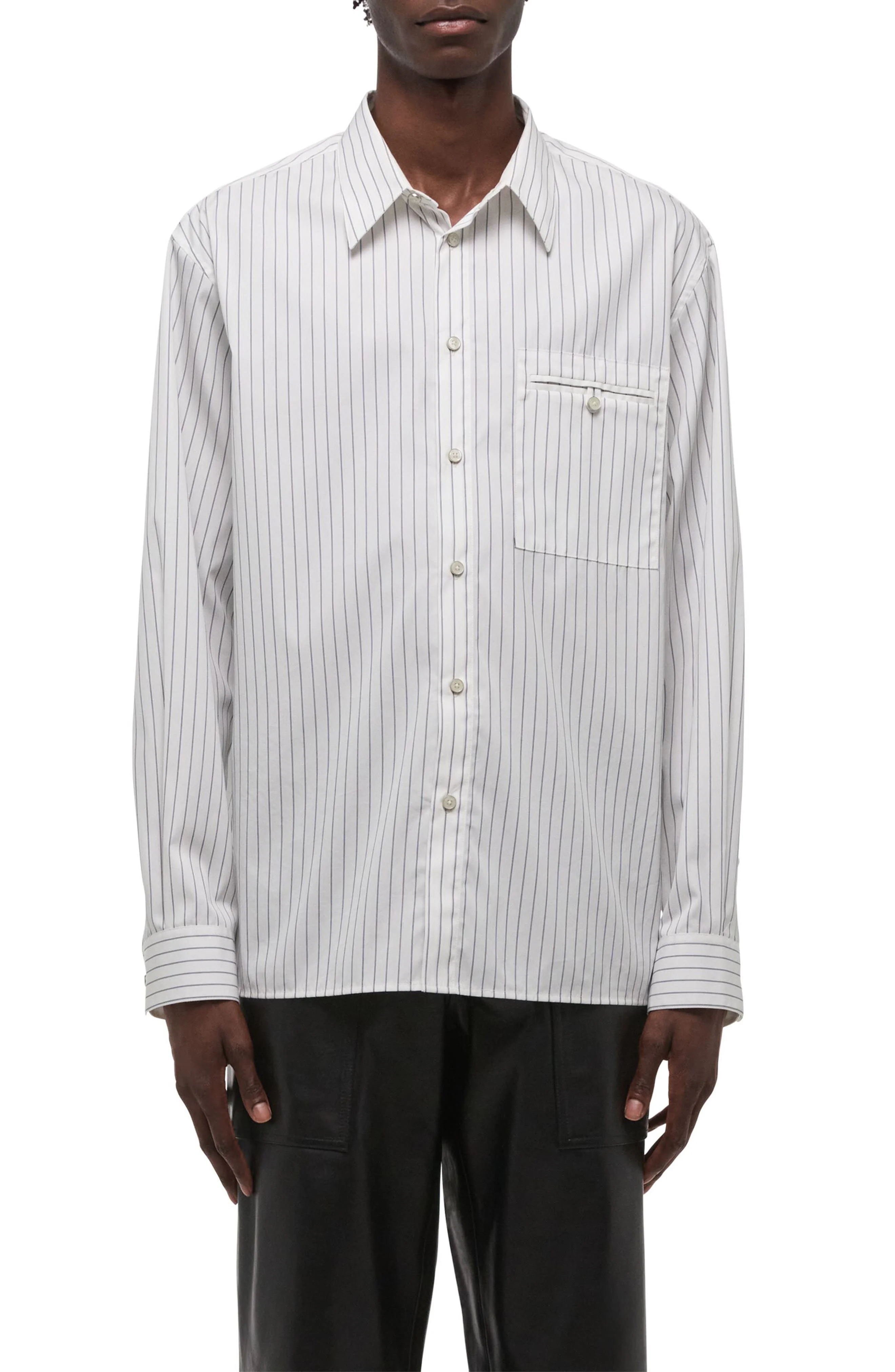 Helmut Lang Relaxed Fit Stripe Button-Up Shirt in White/Navy at Nordstrom - 1