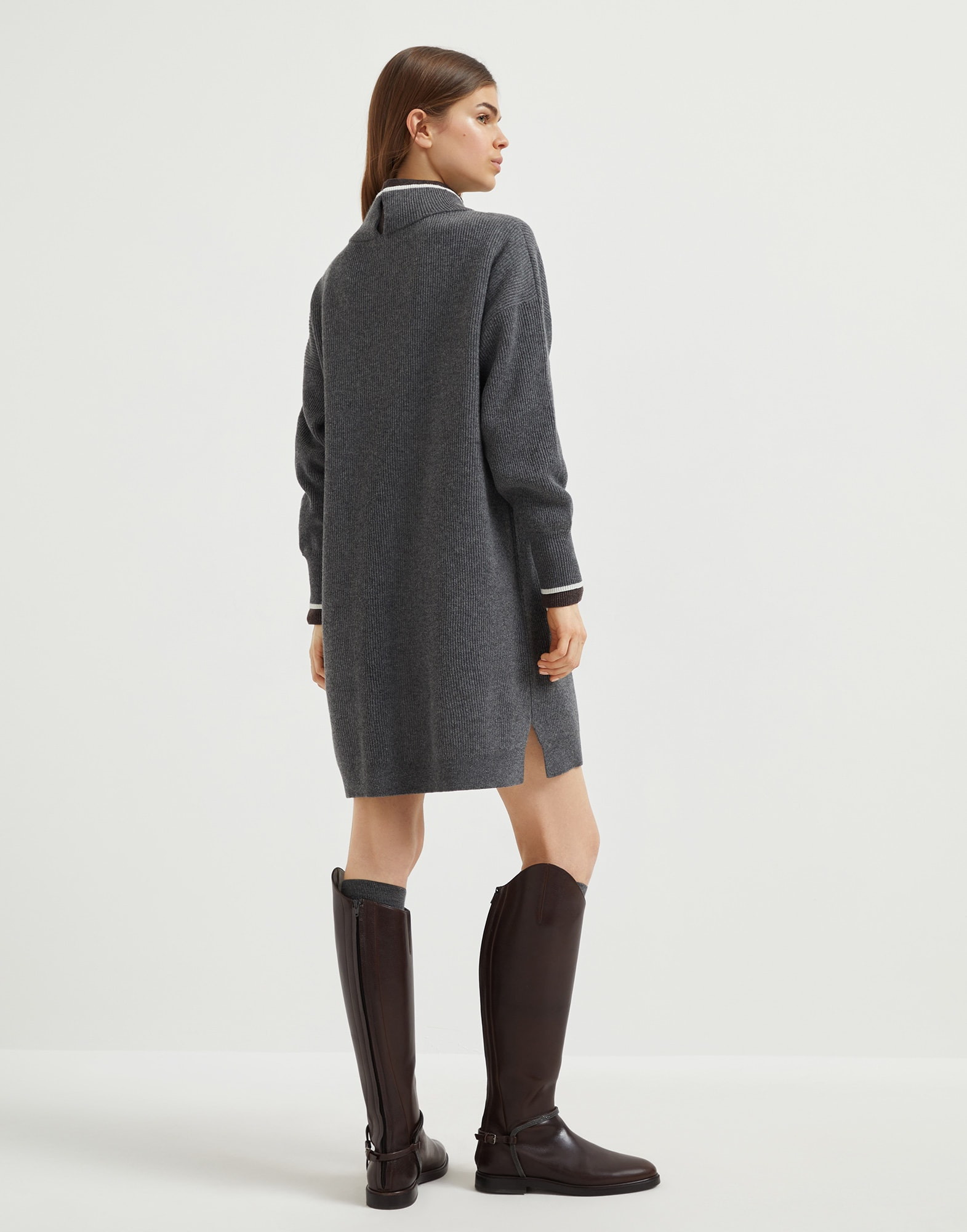 Virgin wool, cashmere and silk English rib dress with shiny contrast trims - 2