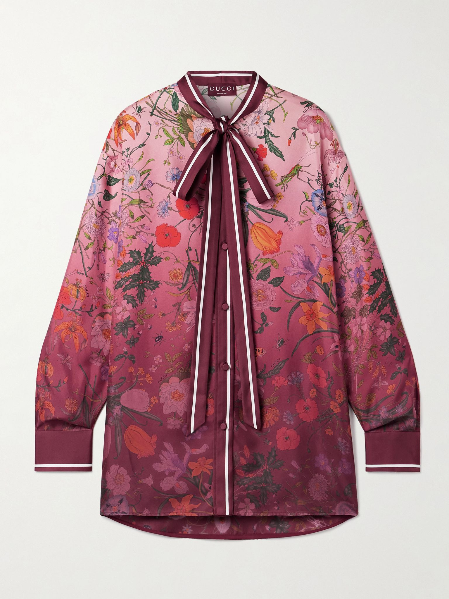 Pussy-bow floral-print silk-twill shirt Red - 1