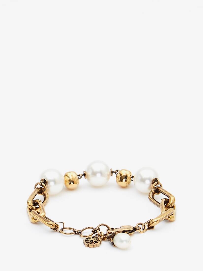 Pearl-like Skull Chain Bracelet in Antique Gold - 2