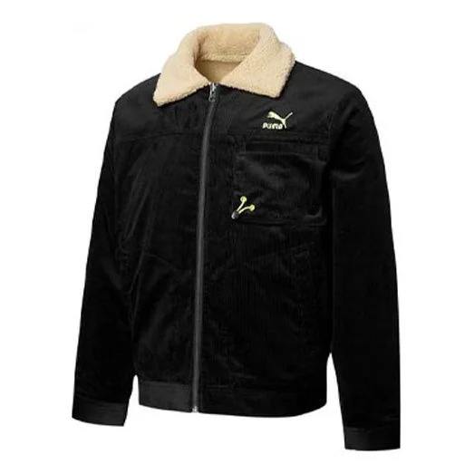 PUMA 코드 자수 로고 뒤집을 수 있는 견면 벨벳 corduroy 재킷 검정 534751-01 - 1
