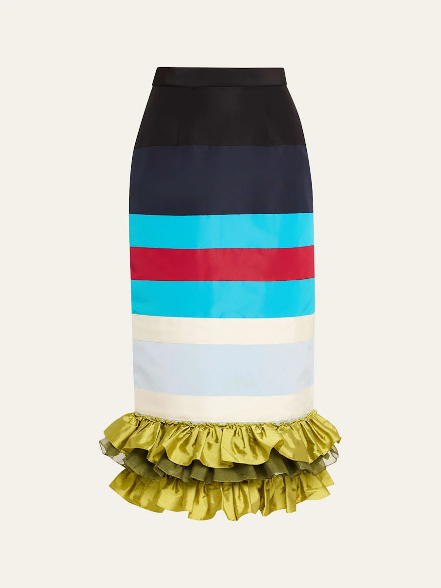 Striped Embroidered Ruffle-Hem Midi Skirt - 1