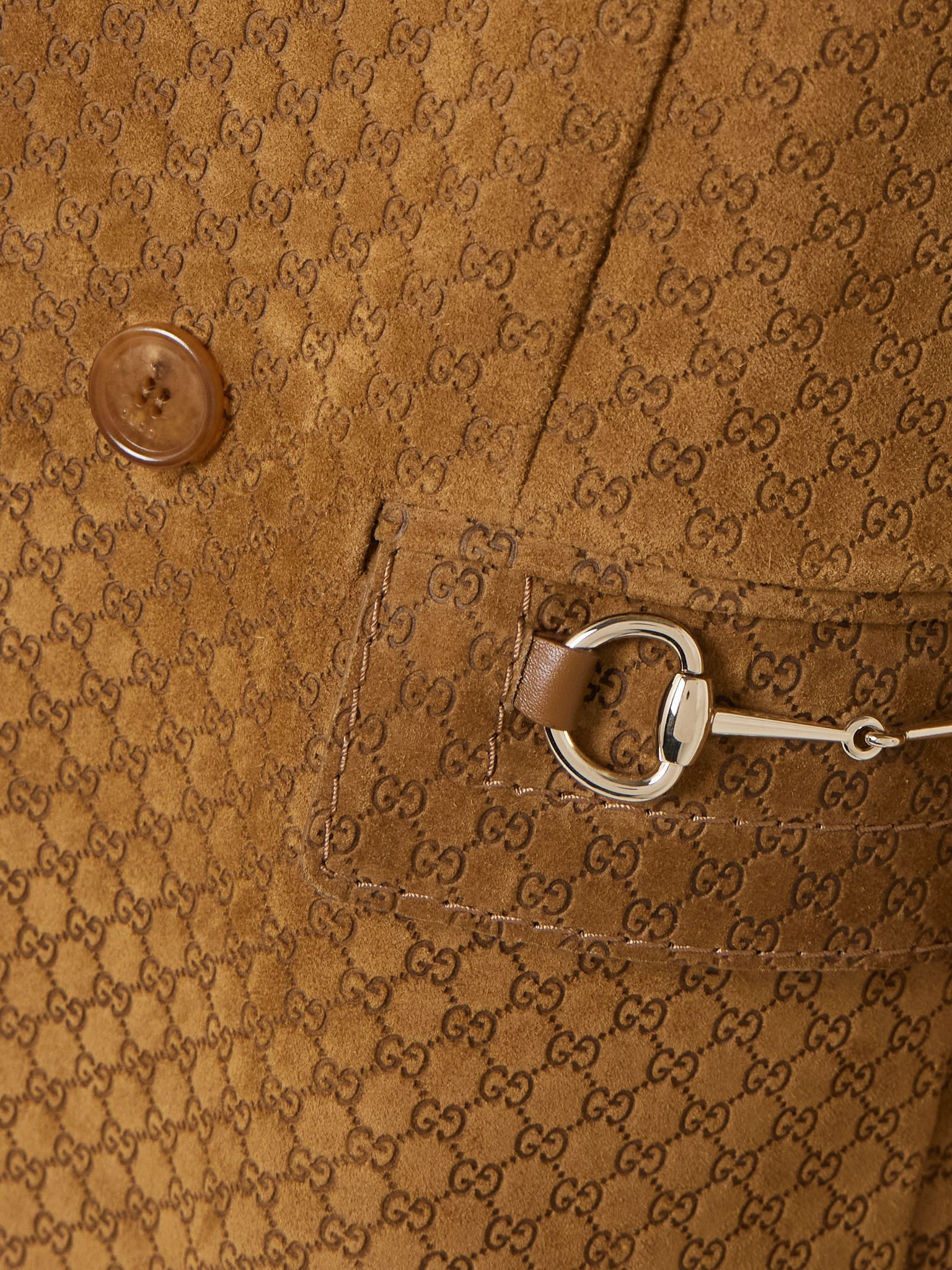 Double-breasted horsebit-detailed debossed suede blazer Brown - 5