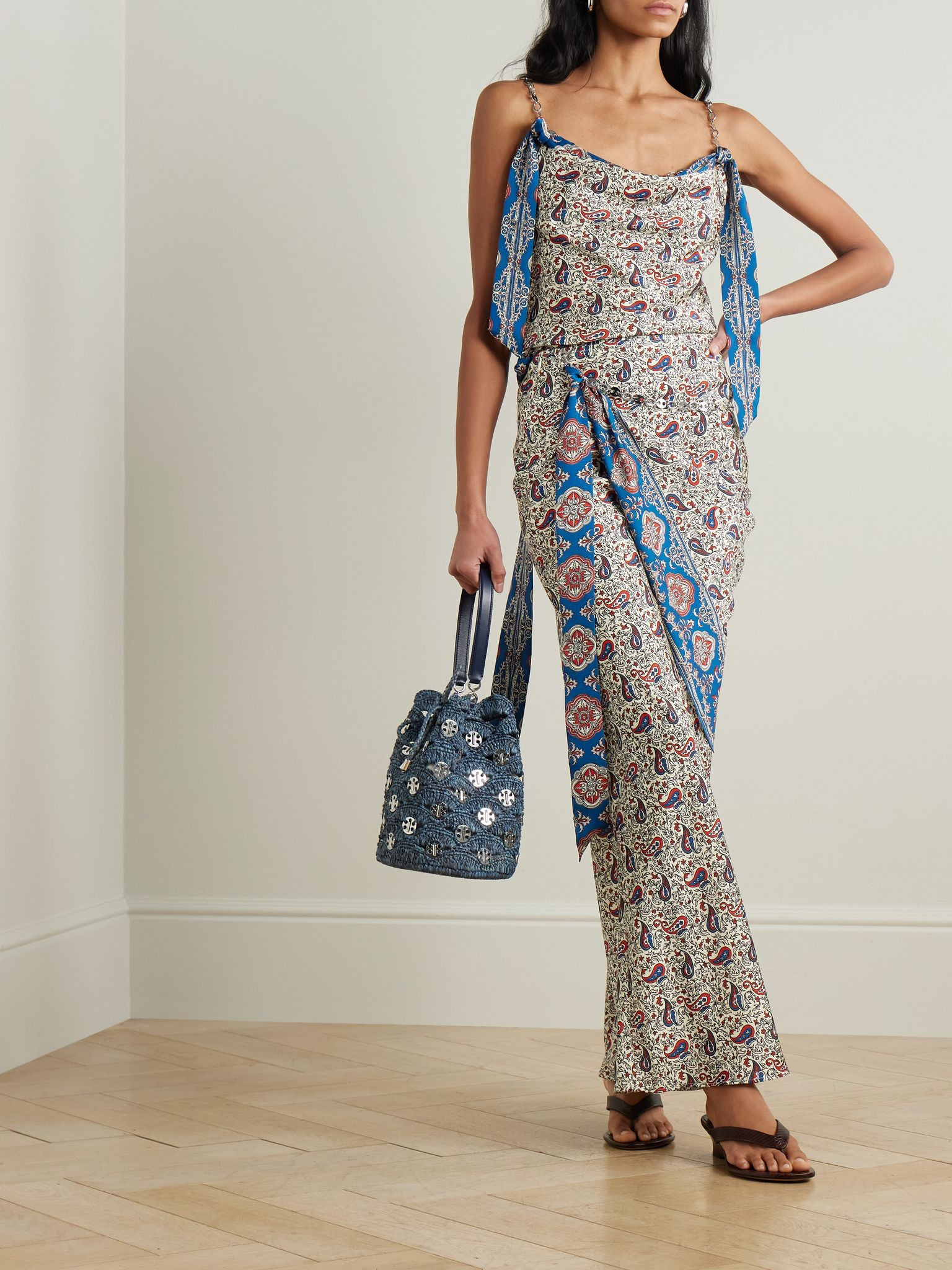 Chain-detailed paisley-print crepe top Cream - 2