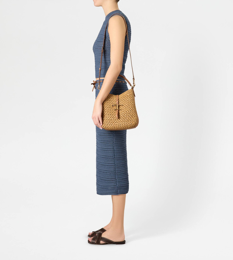 T TIMELESS BUCKET BAG IN RAFFIA AND LEATHER MINI - BROWN 9