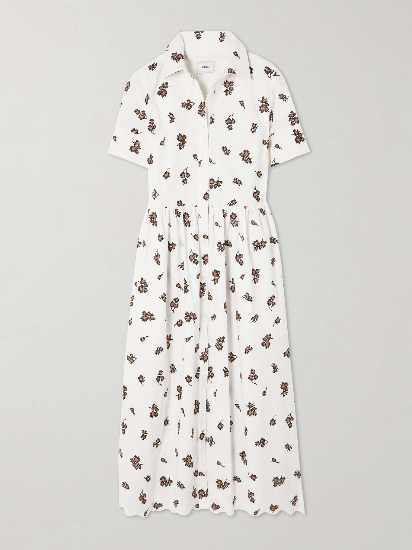 Scalloped embroidered brushed cotton-blend midi shirt dress - 1