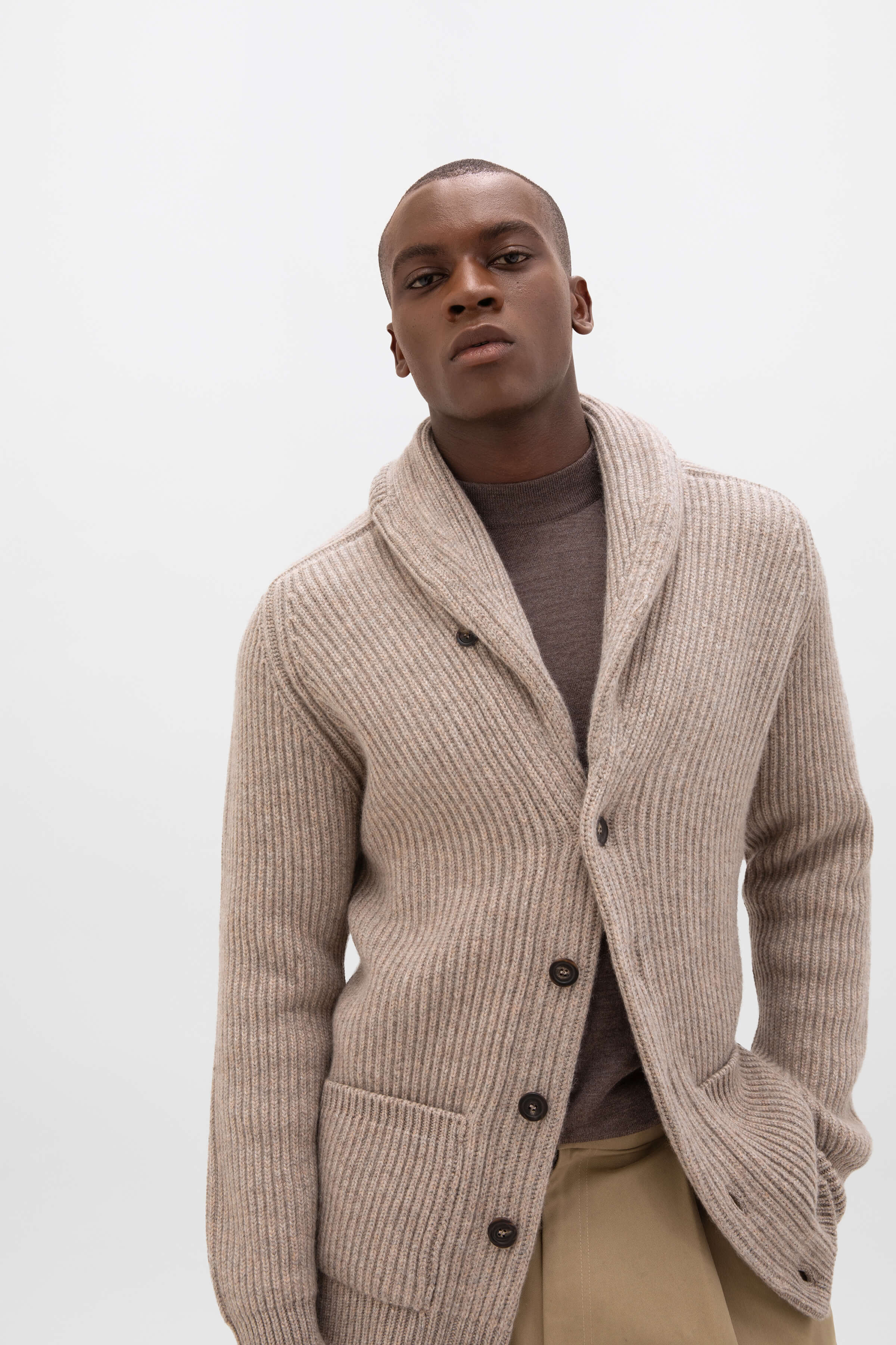 Ribbed Shawl Collar Cashmere Cardigan - 2