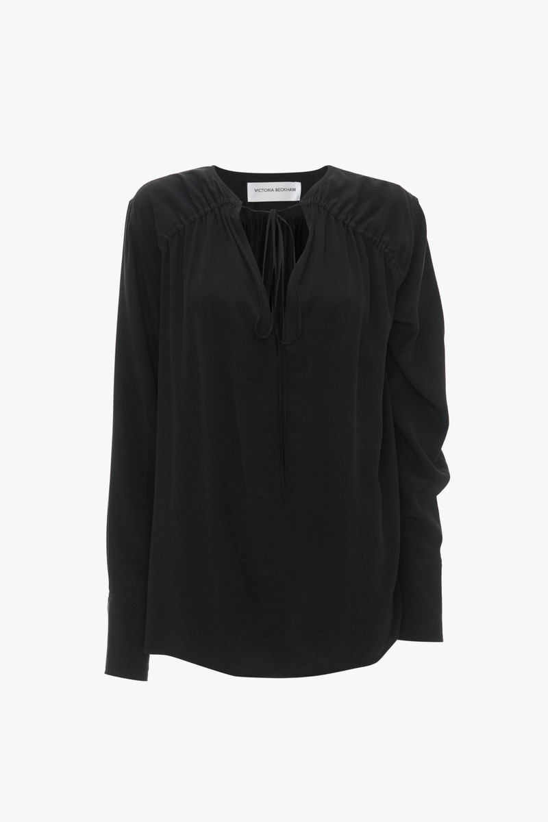 Gather Detail Tie Blouse In Black - 1