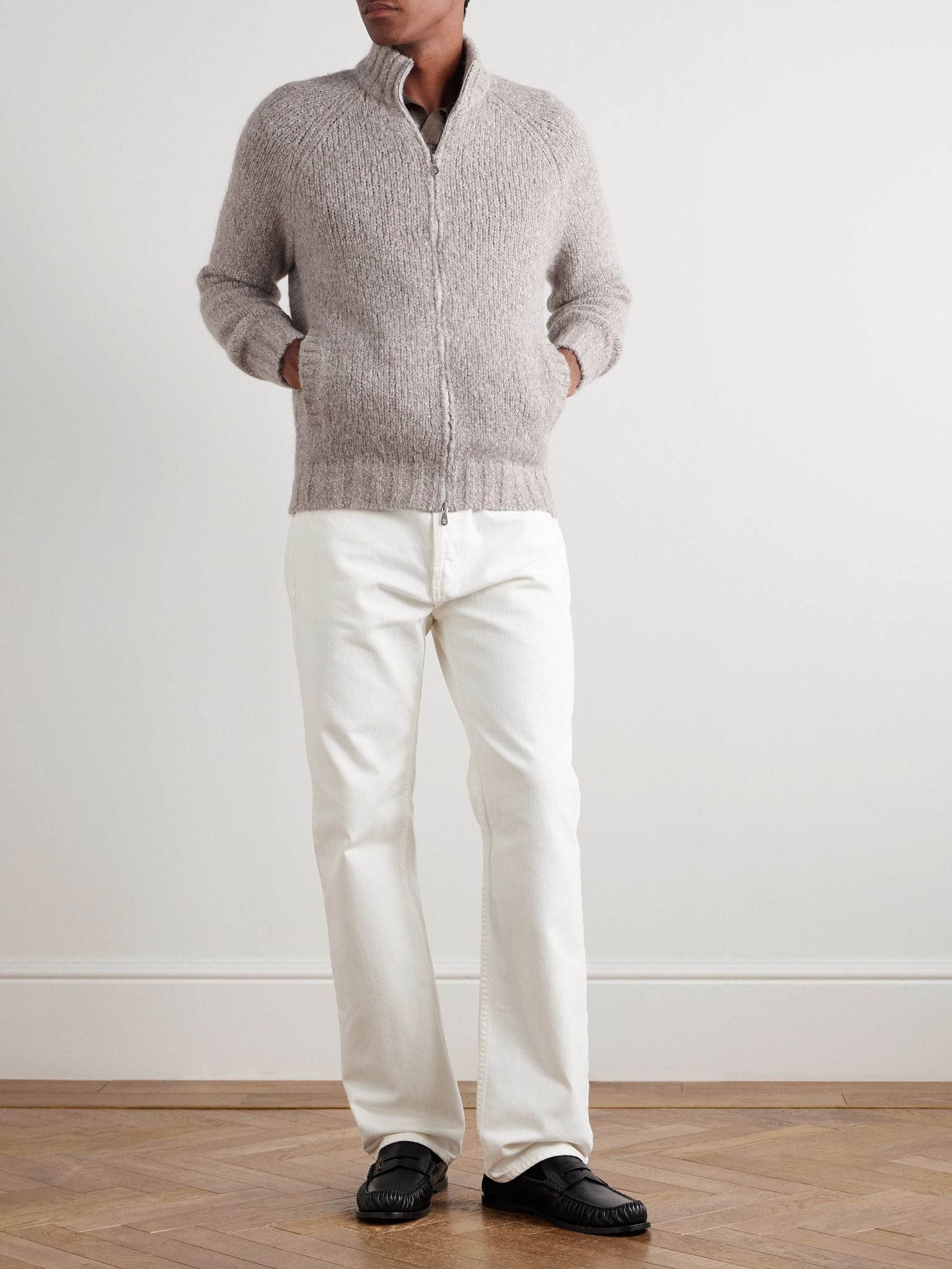 Slim-Fit Alpaca-Blend Zip-Up Cardigan Beige - 2