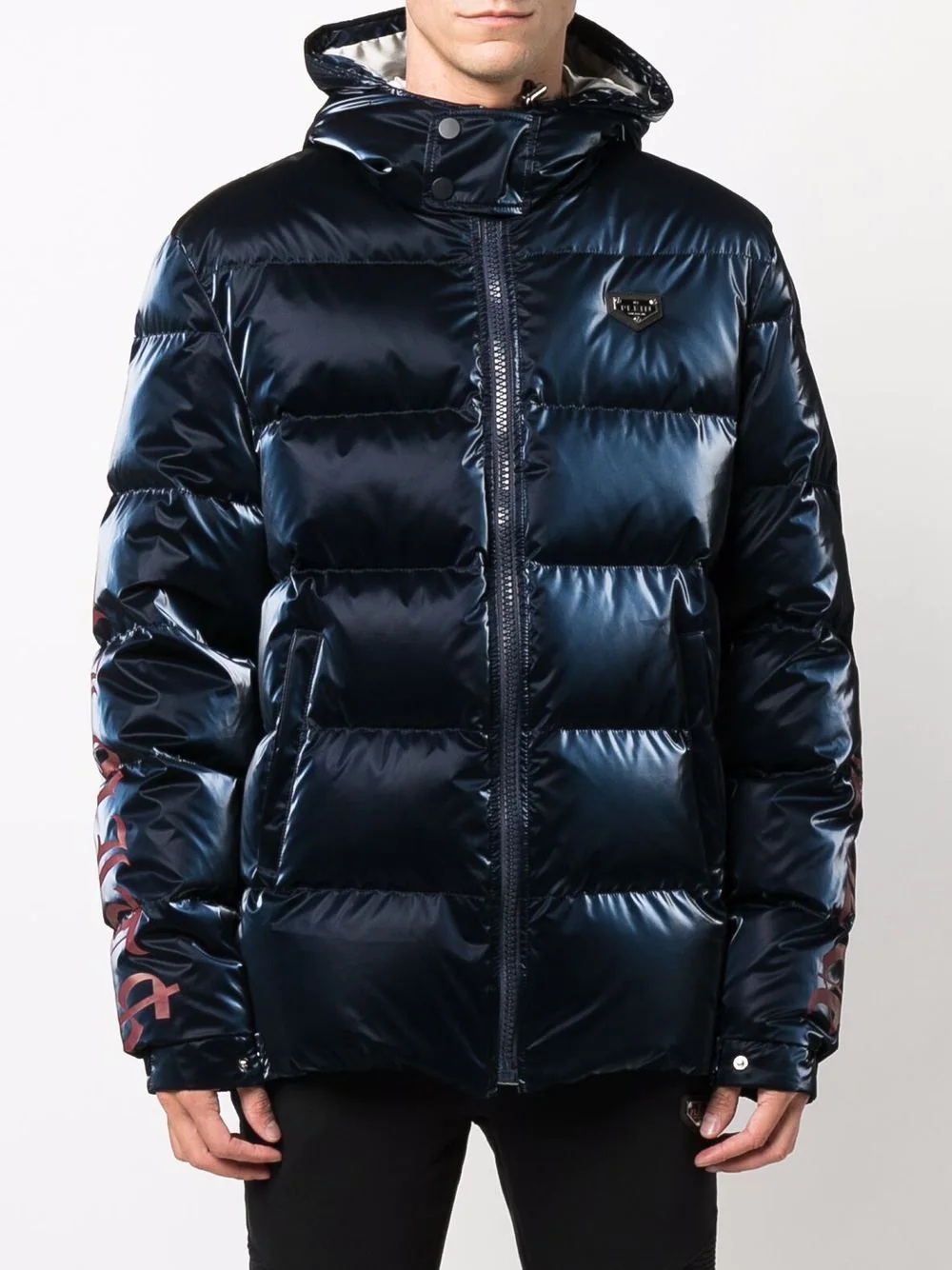 high-shine logo-print hooded puffer jacket - 3