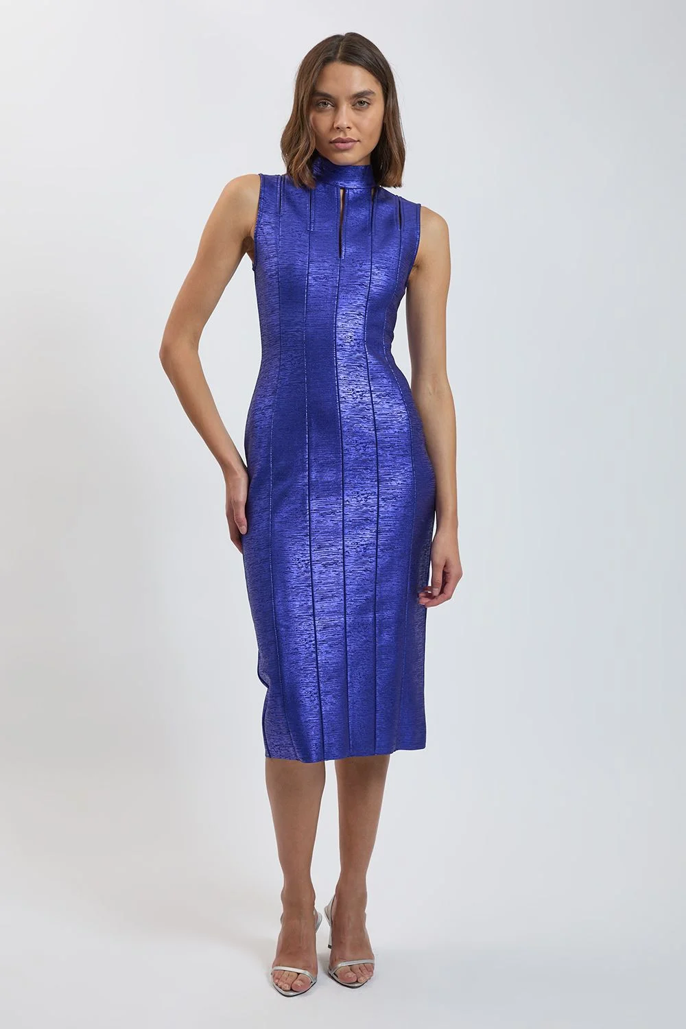 Foil Bandage Figure Form Cut-Out Midi Dress - 1