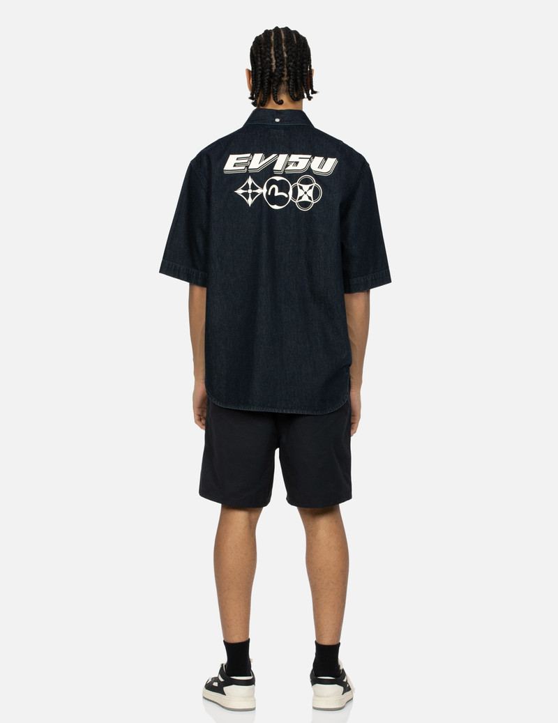 KAMON AND LOGO PRINT OVERSIZED DENIM SHORT-SLEEVES SHIRT 5