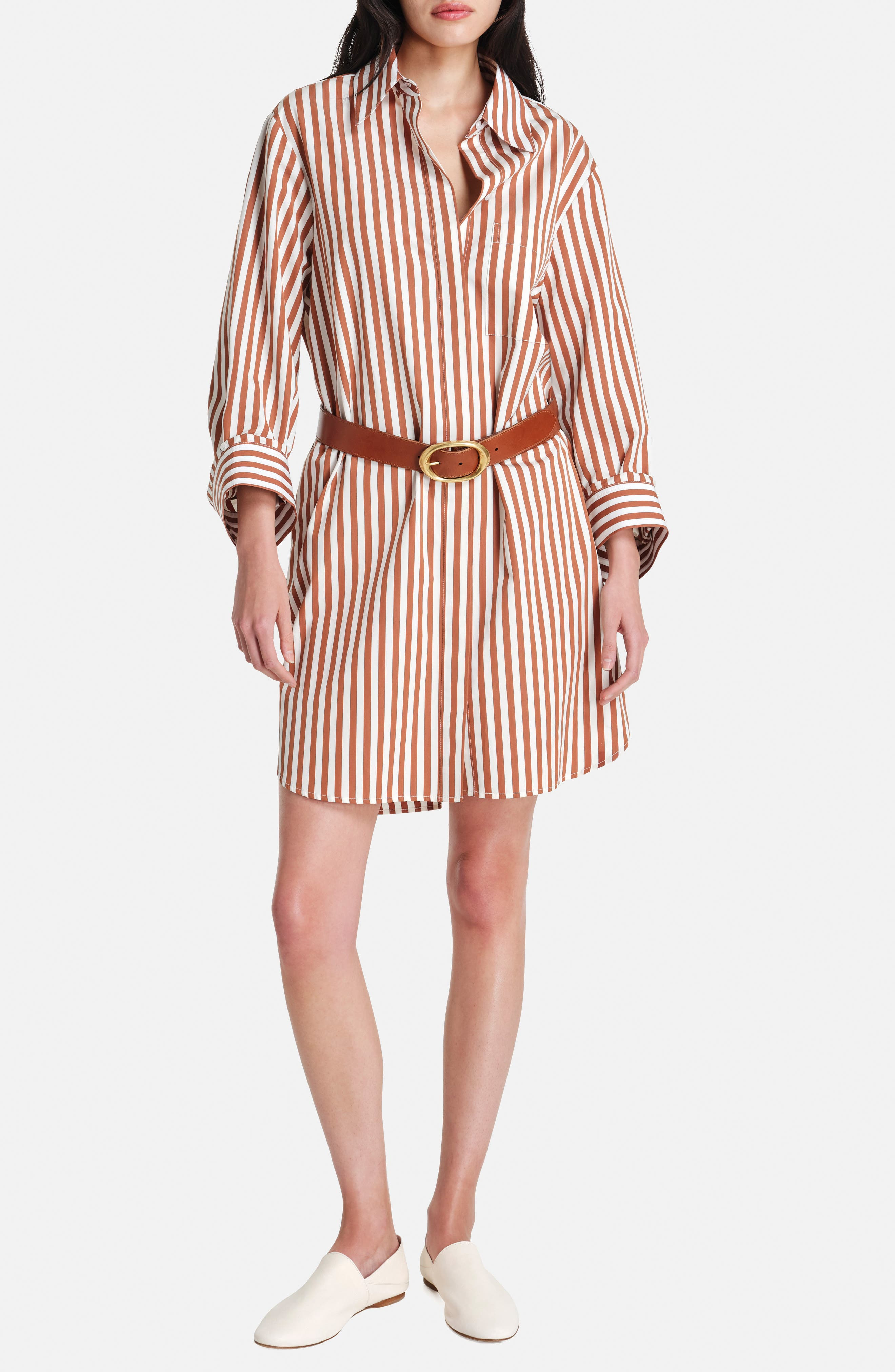 TWP Morning After Oversize Stripe Long Sleeve Cotton Shirtdress in Ivory/Cognac at Nordstrom - 4