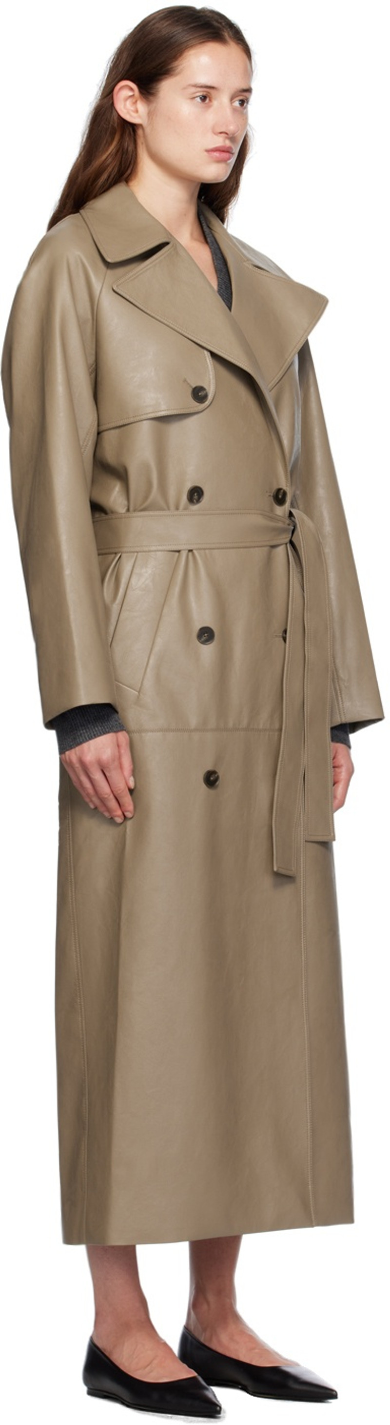 GIA STUDIOS Beige Double-Breasted Faux-Leather Trench Coat outlook