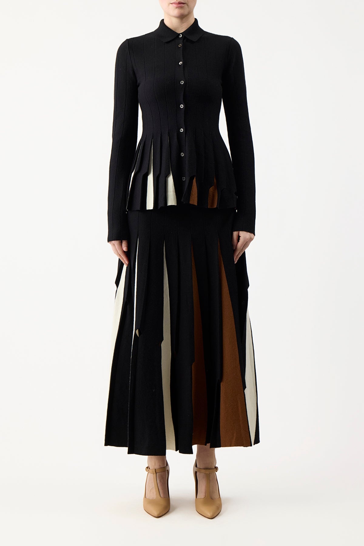 Octavia Pleated Top in Black Multi Merino Wool - 3