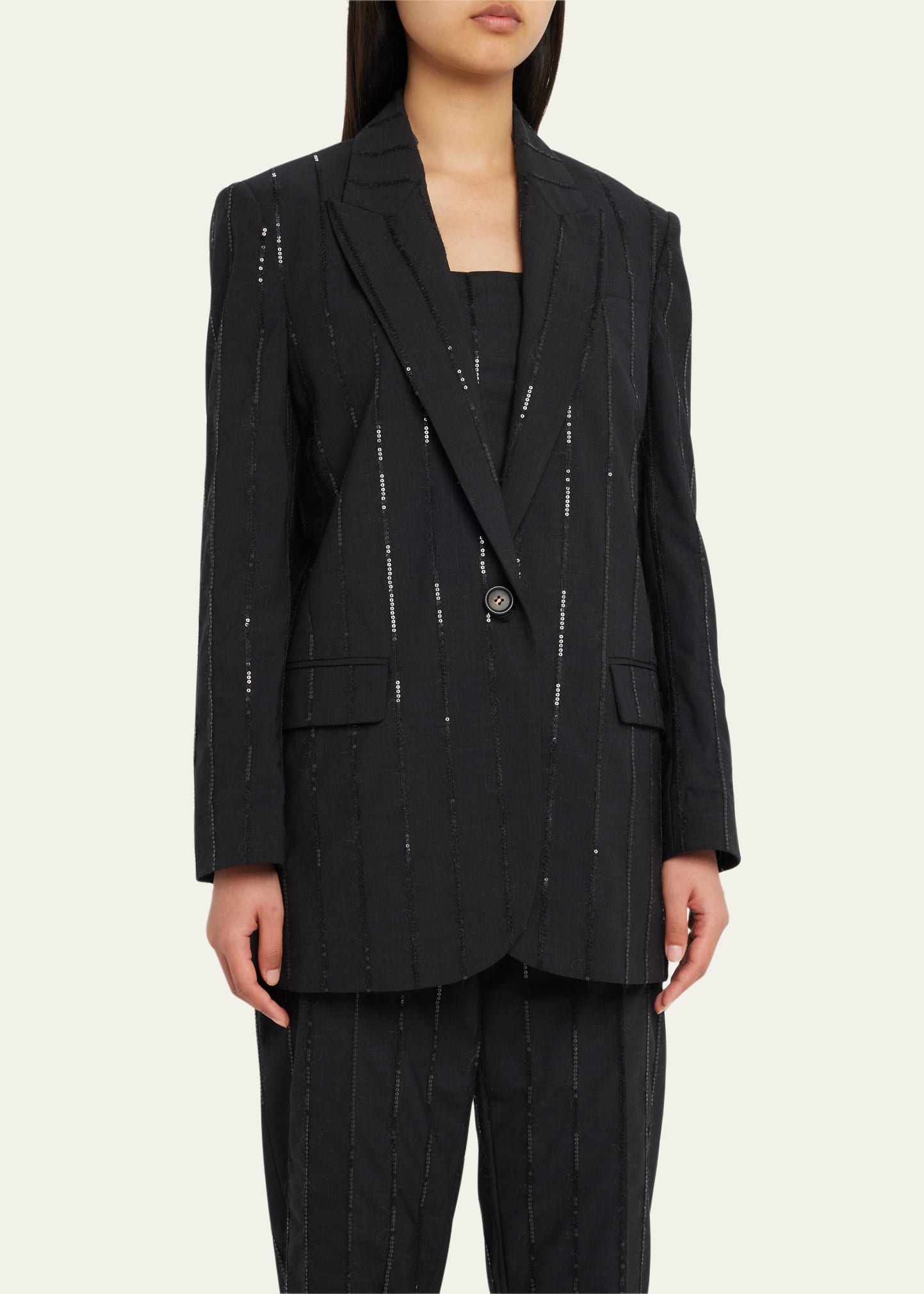 Vertical Beaded Pinstripe Wool Blazer Jacket - 4