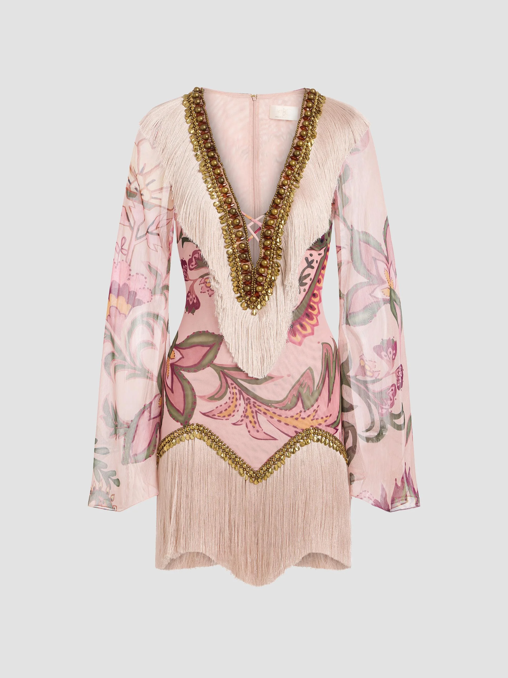 Women's Embellished Fringed Floral Mini Dress - Rose - 1