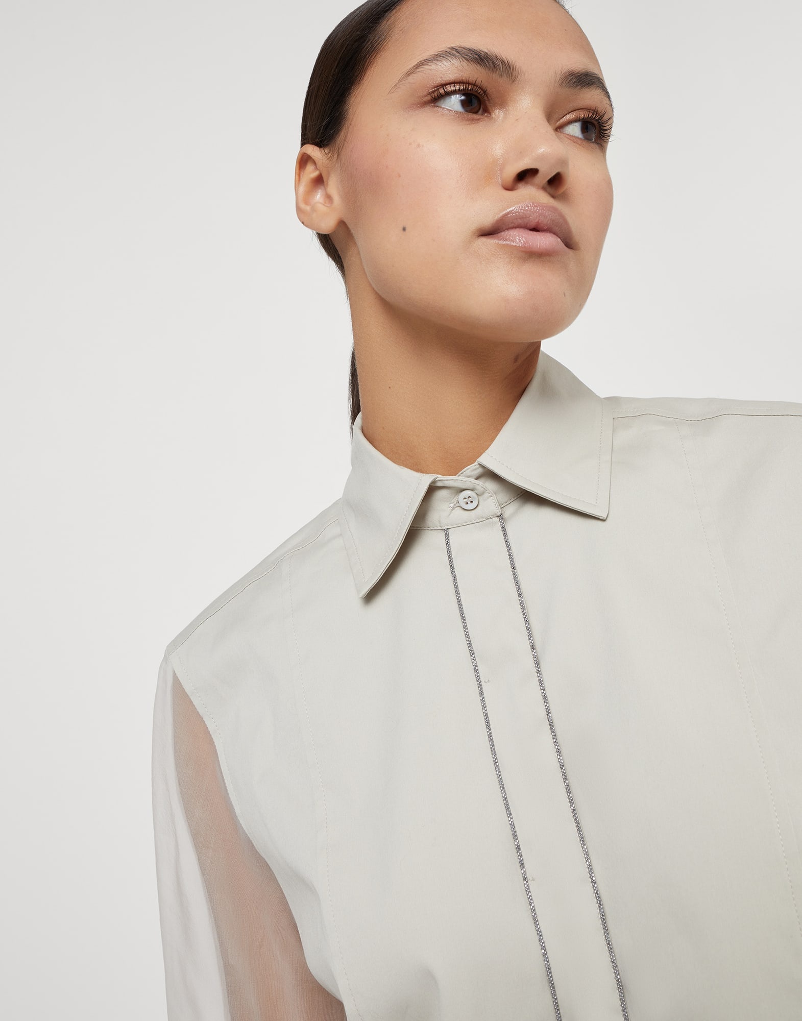 Stretch cotton poplin and crispy silk shirt with shiny trims - 3