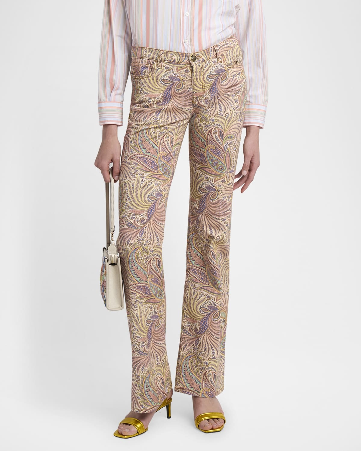 Foliage Neutral Romantic Stretch Denim Flare Trousers - 4