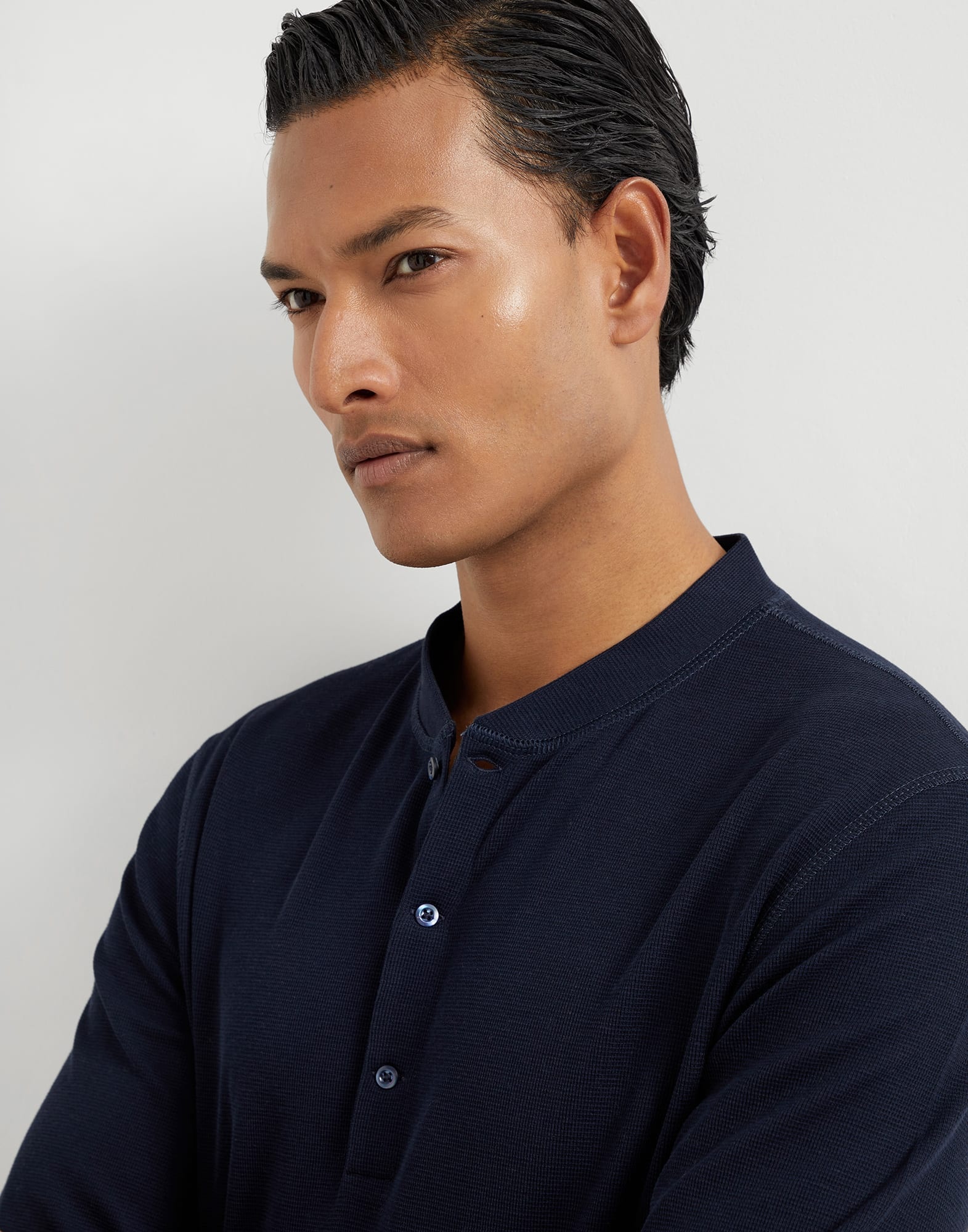 Cotton waffle jersey long sleeve T-shirt with Henley collar - 3