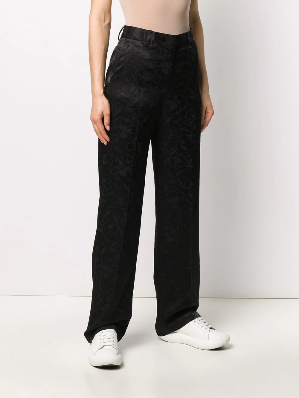 floral-jacquard straight-leg satin trousers - 3