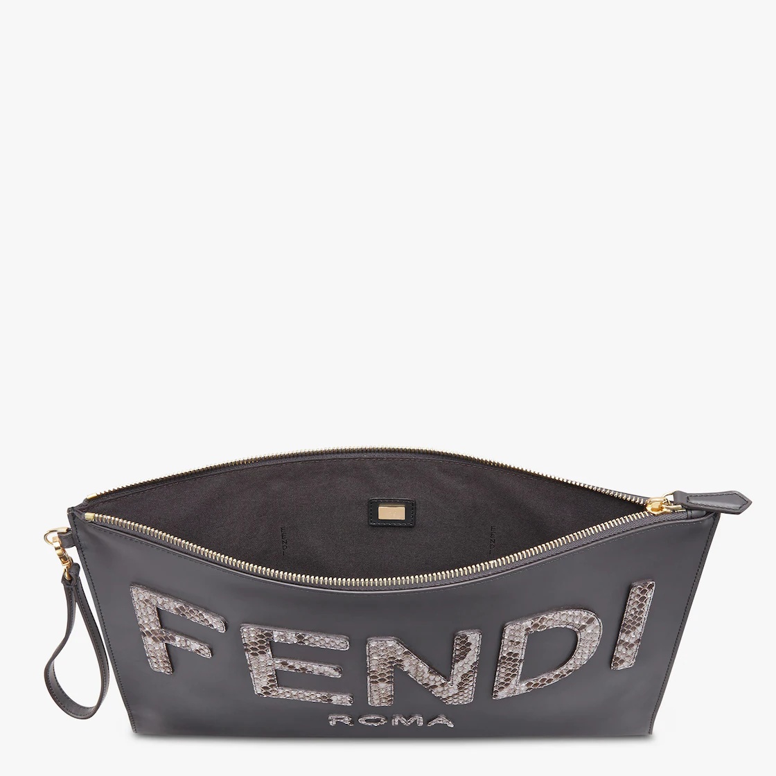 Large pouch with removable bracelet handle. Zipper closure. Made of dark gray leather with Fendi Rom 3