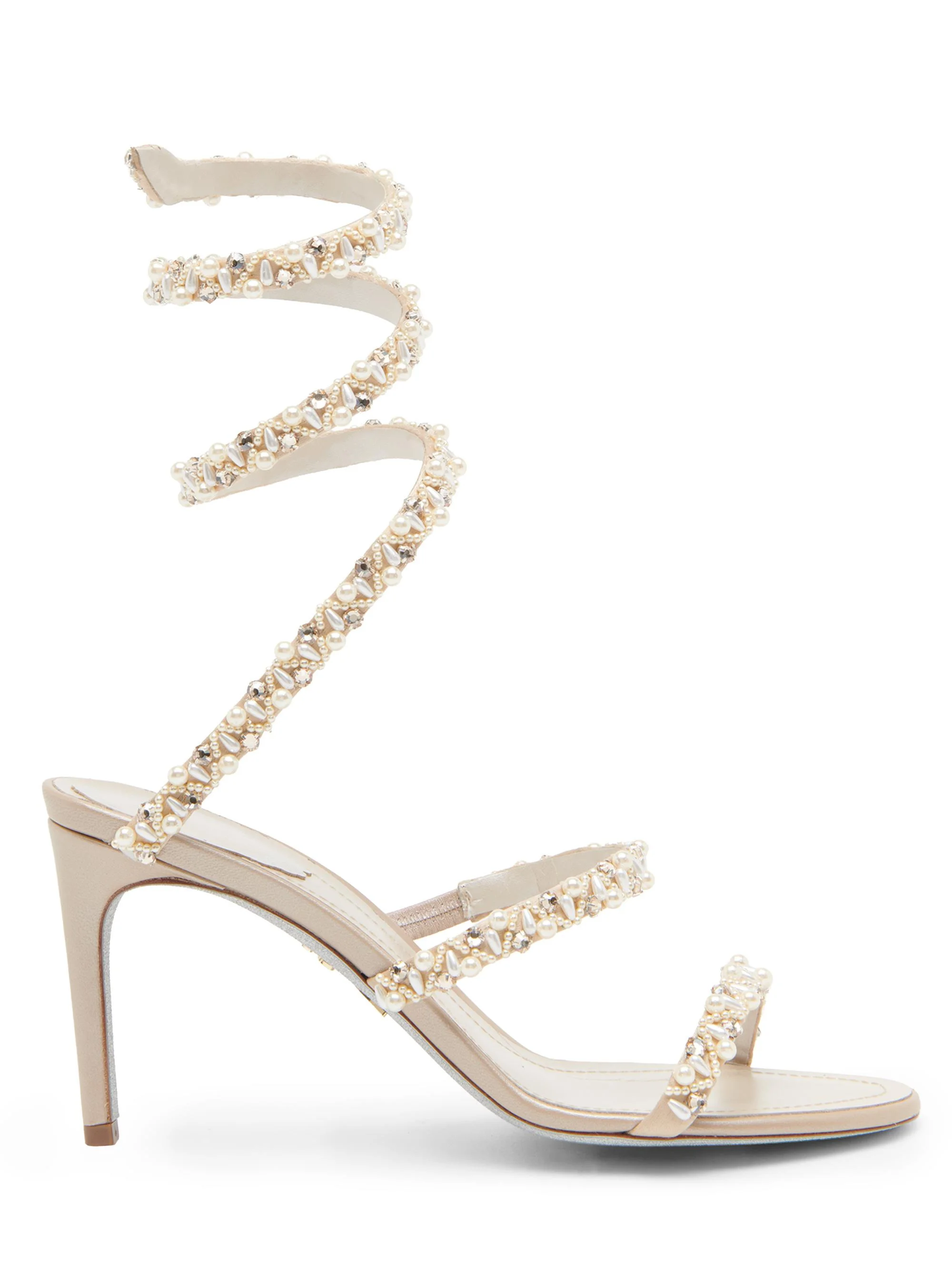 Women's 80MM Embellished Satin Sandals - Beige Satin Pearls - 1