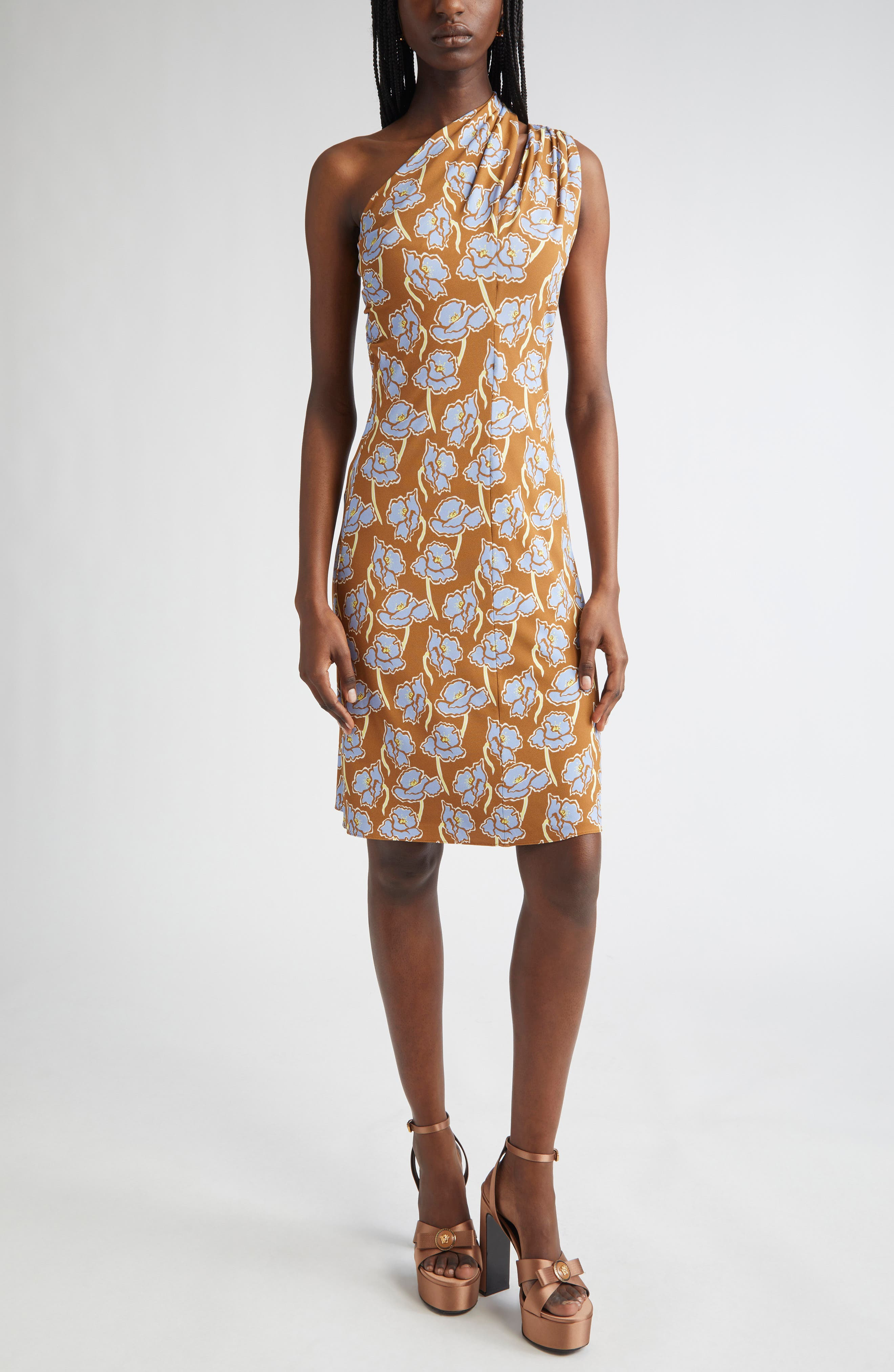 Versace One-Shoulder Stretch Crepe Jersey Cocktail Dress in Tobacco Powder Blue at Nordstrom - 1