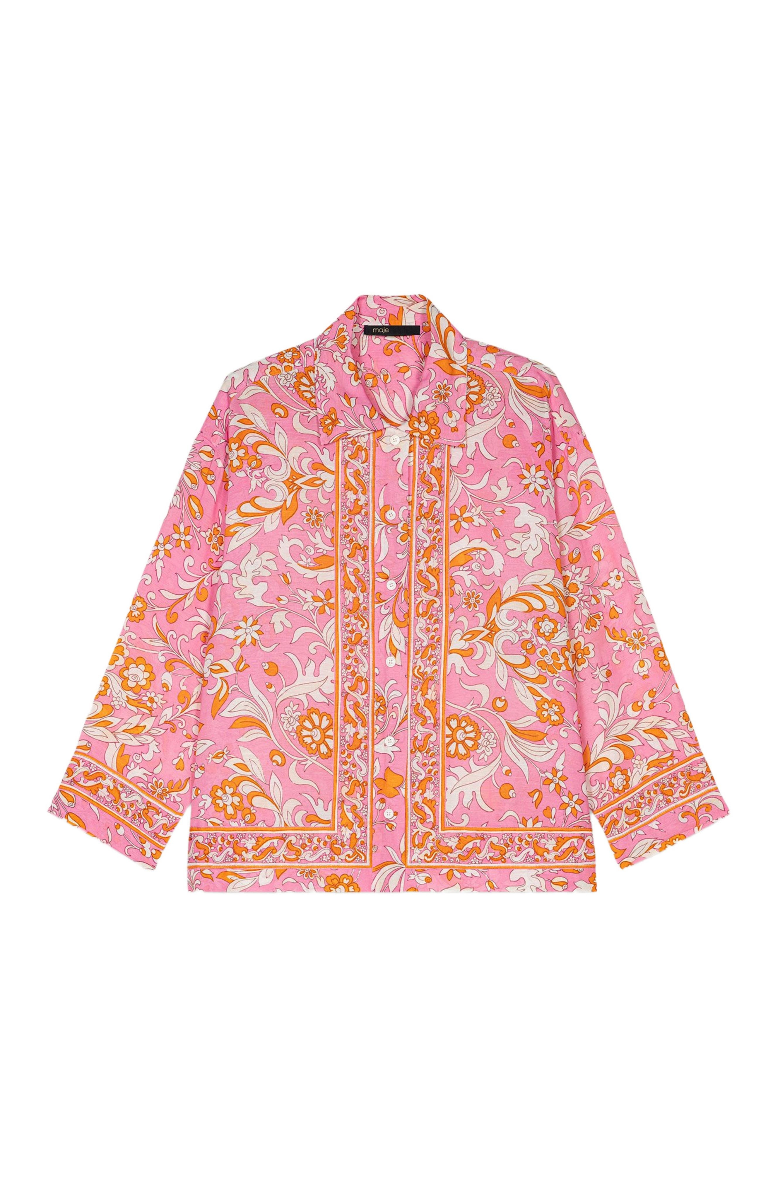 maje Patterned flowing linen shirt in Orange Pink Flowers Print at Nordstrom - 6