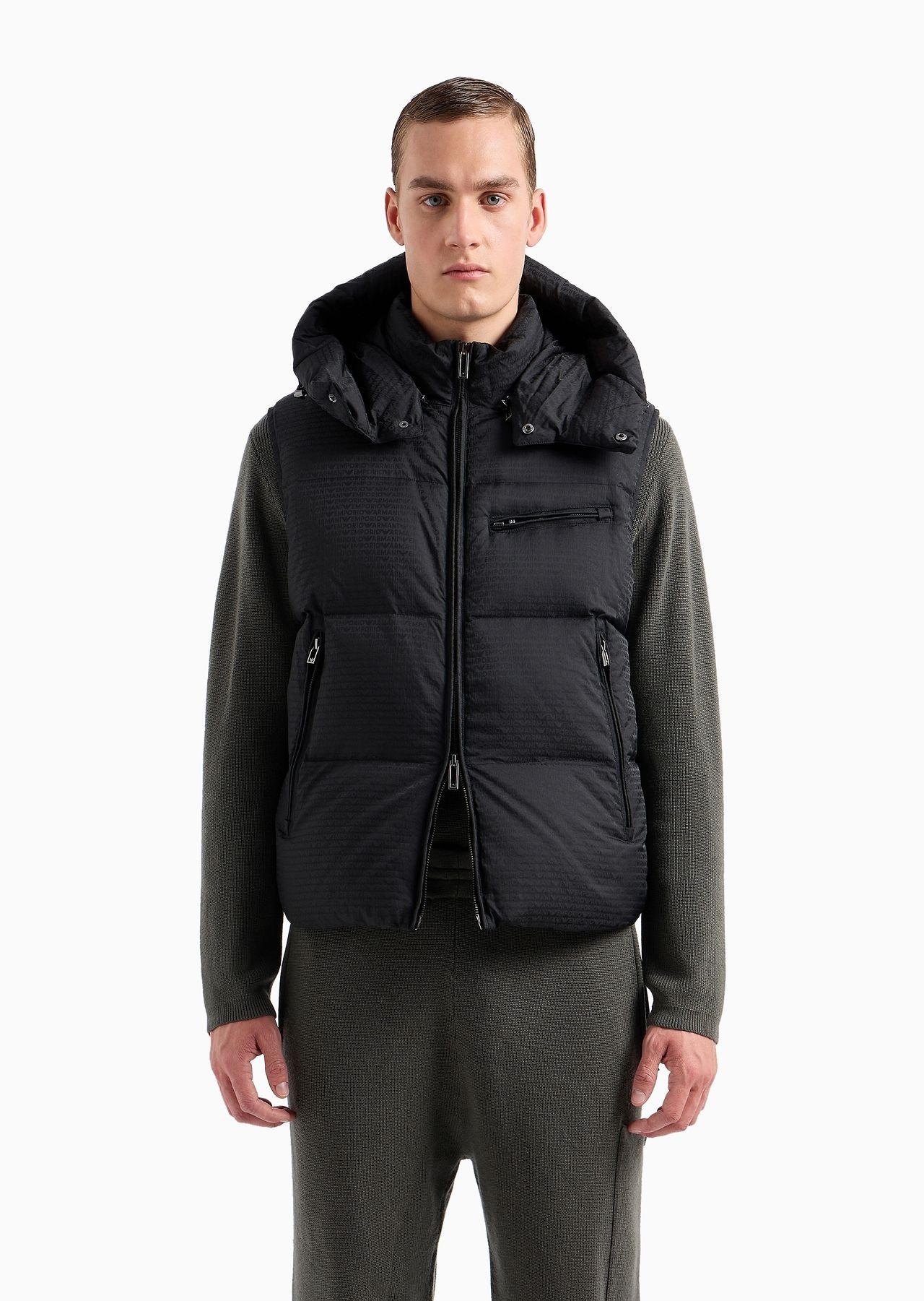 Zipped, hooded sleeveless down jacket in jacquard nylon with all-over logo lettering - 2