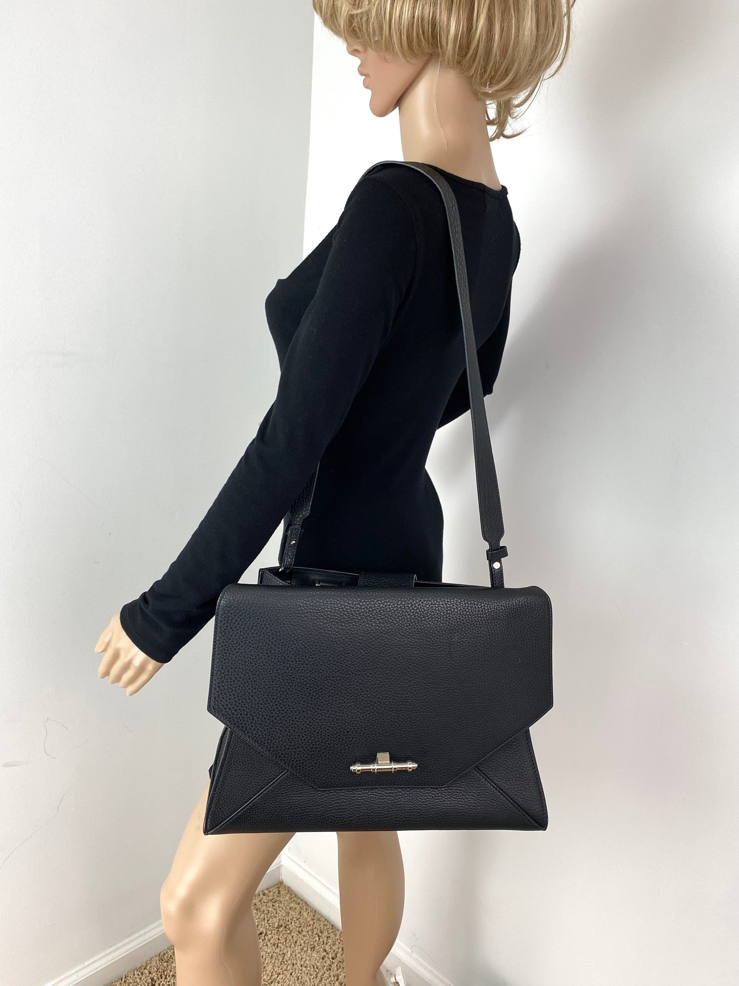 Givenchy Obsedia Medium Flap Black Pebbled Calfskin Satchel Hand Bag 2 ways Preowned - 9
