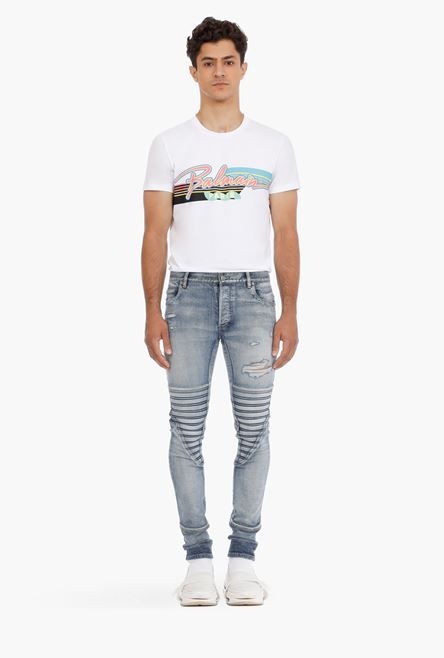 Slim-cut ripped blue cotton jeans - 4