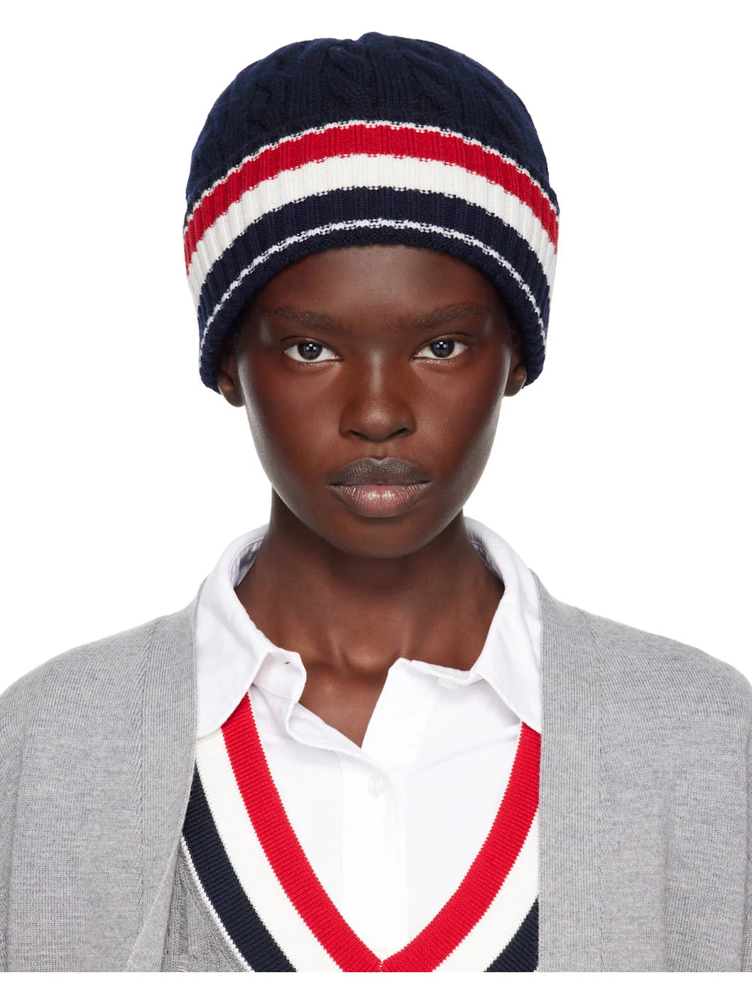 Navy Cable & Rib Merino Wool RWB Stripe Beanie - 1