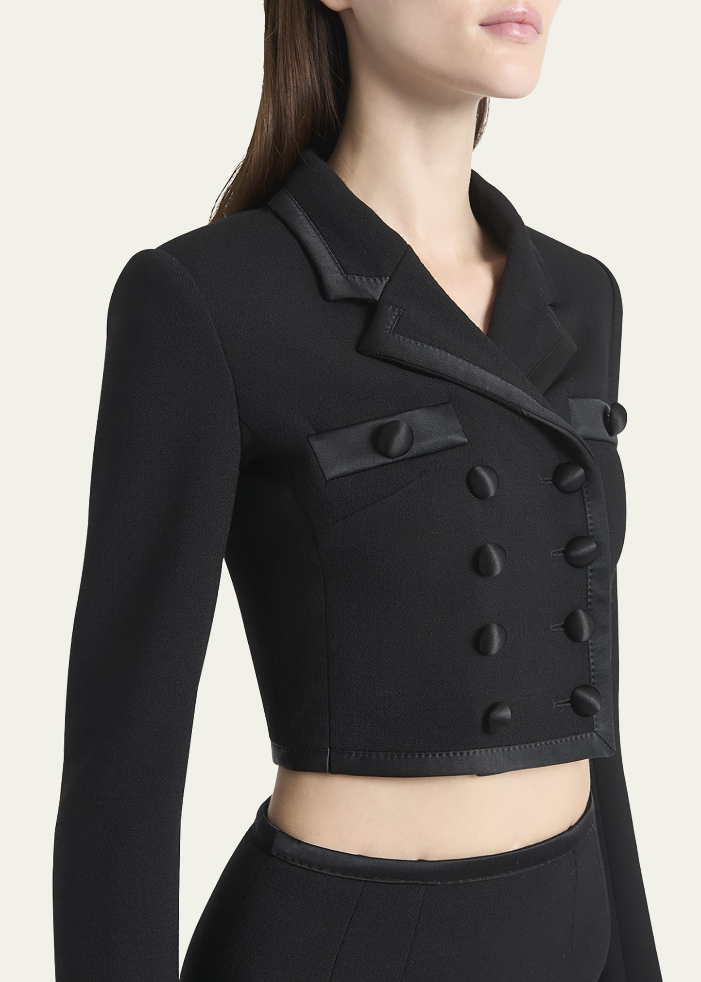 Satin-Trim Double-Breasted Crepe Crop Jacket - 5