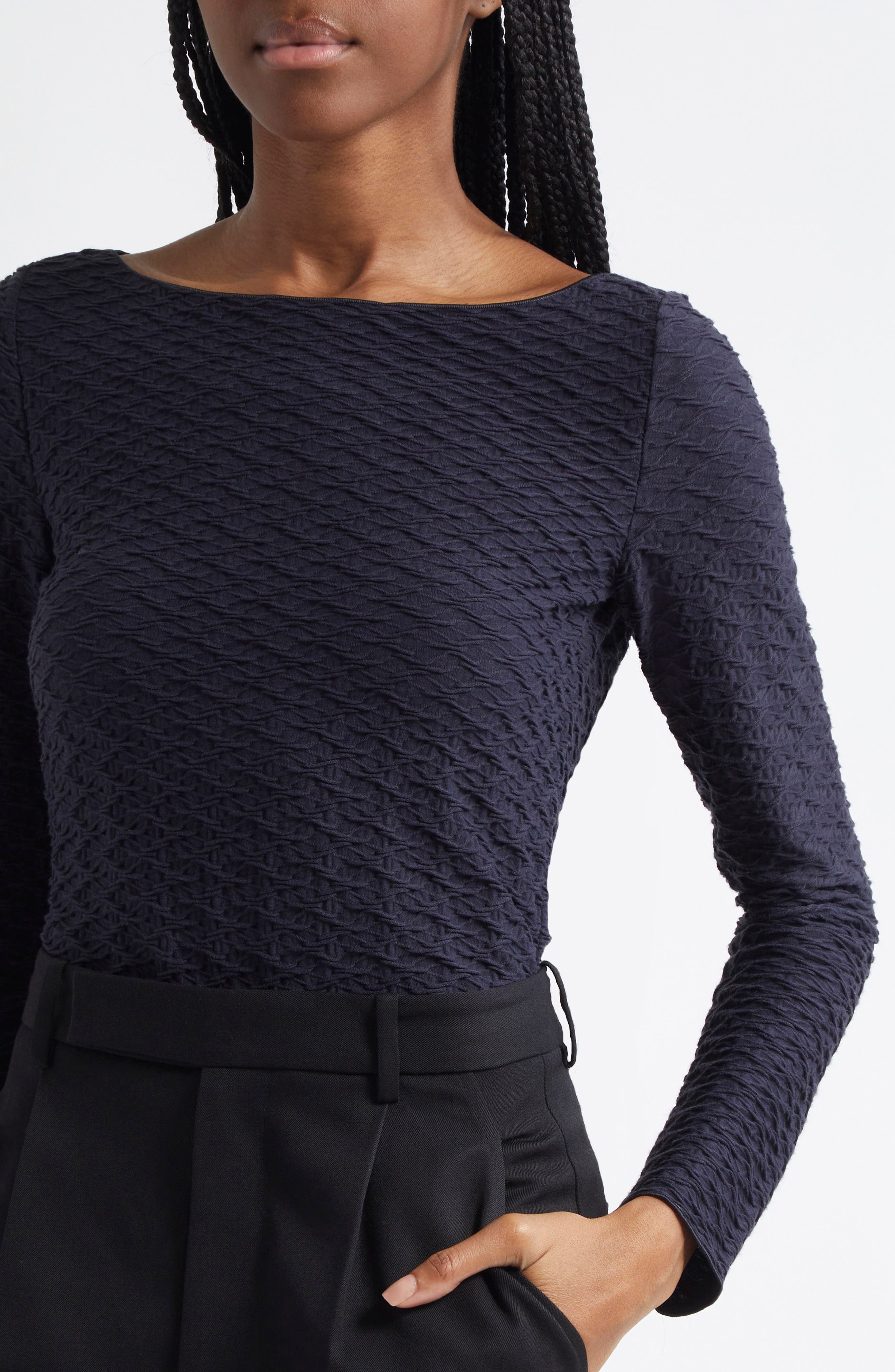Emporio Armani Textured Jersey Top in Solid Dark Blue at Nordstrom - 4