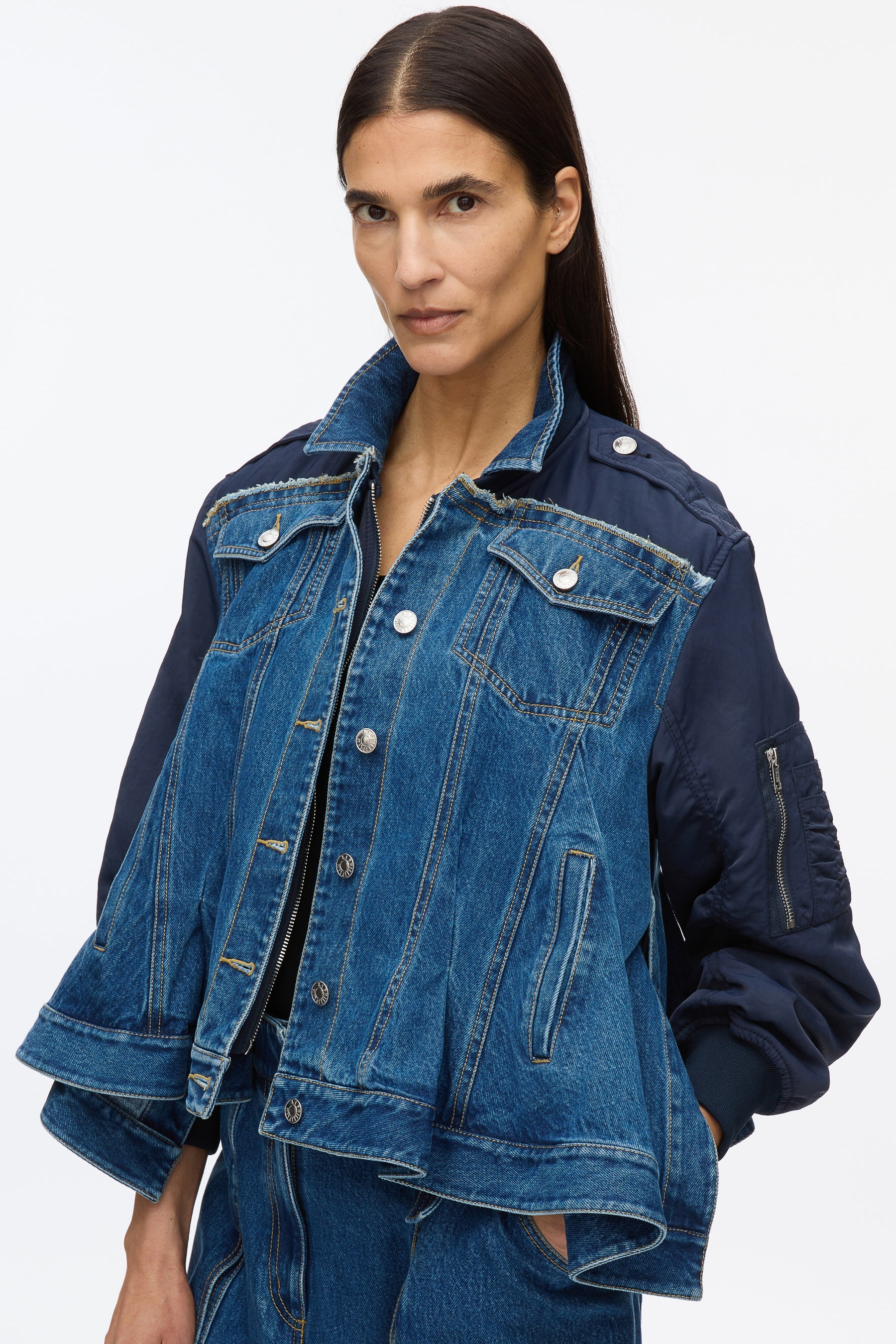 Hybrid Denim Flight Jacket With Flounce Hem - 6