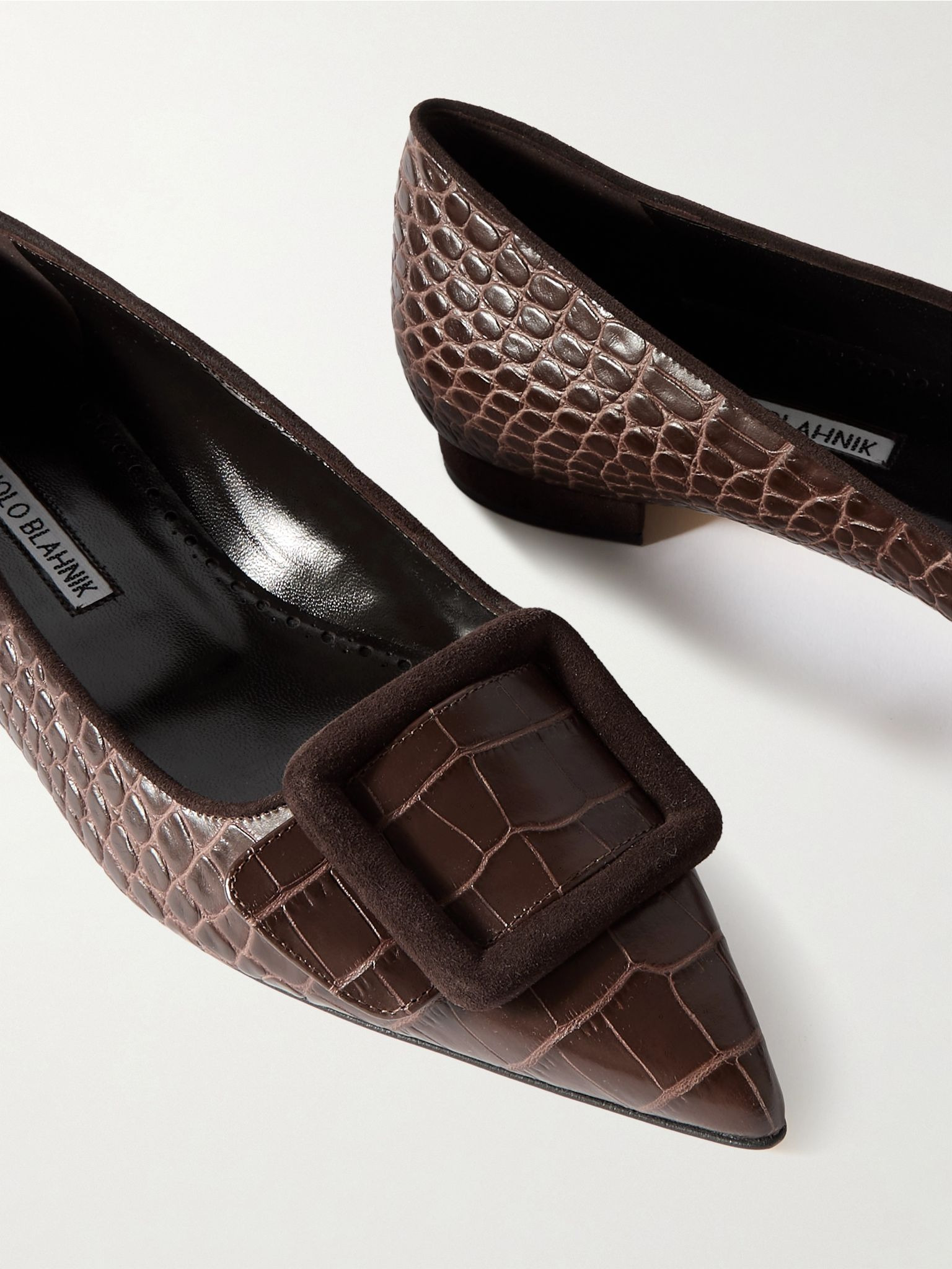 Maysale 10 buckled suede-trimmed croc-effect leather point-toe flats Brown - 4