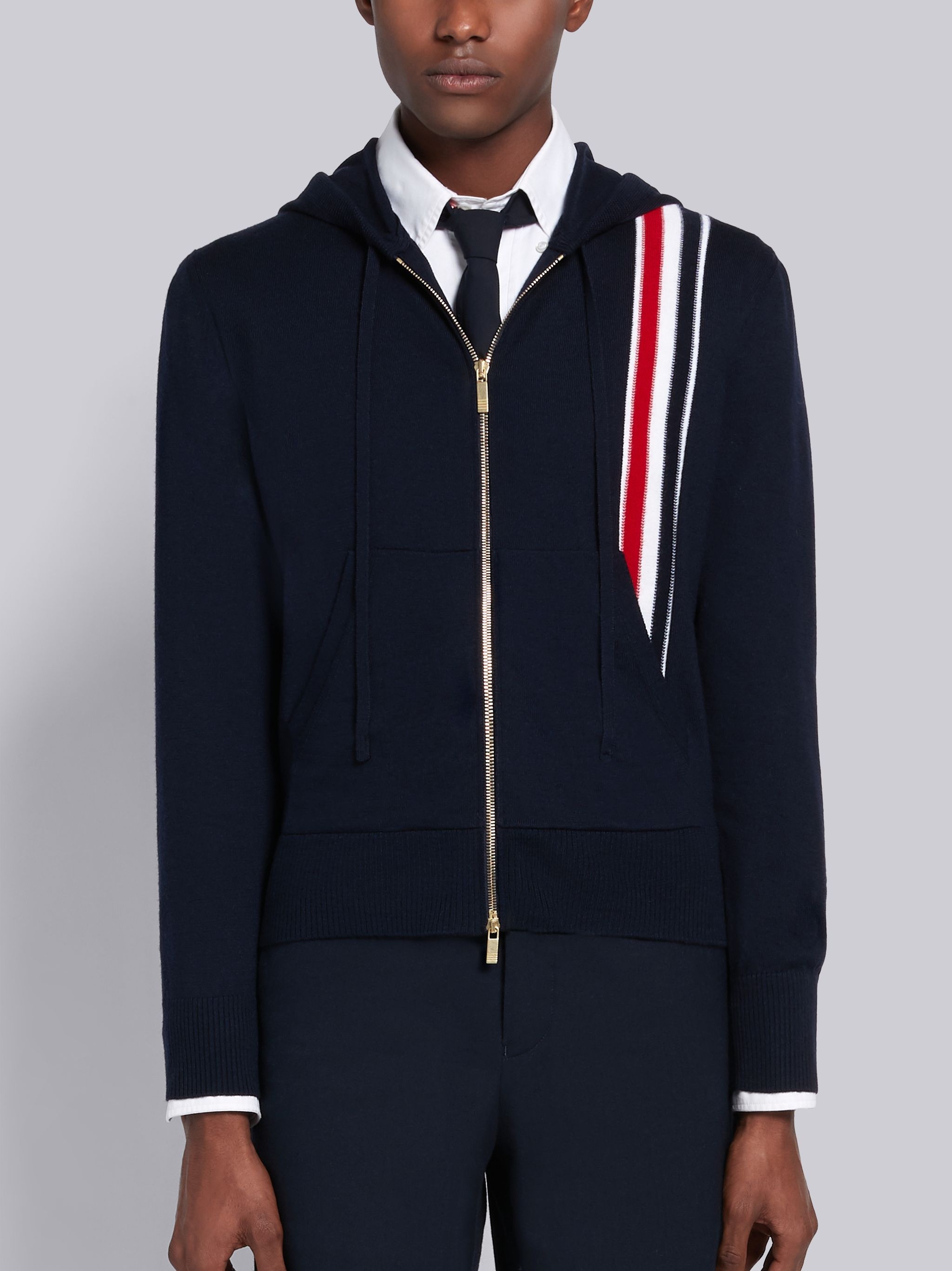 Navy Merino Wool Jersey Tricolor Intarsia Stripe Zip-up Hoodie - 1