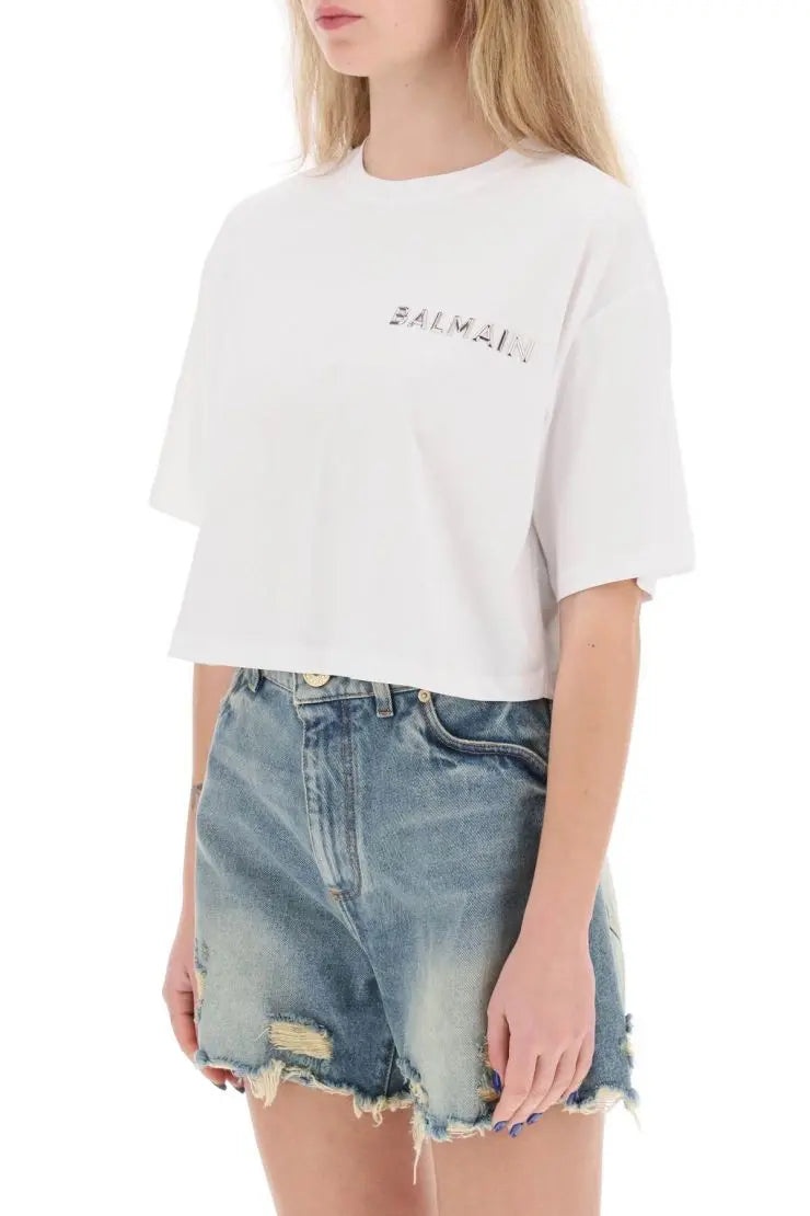 CROPPED T-SHIRT WITH METALLIC LOGO - 4