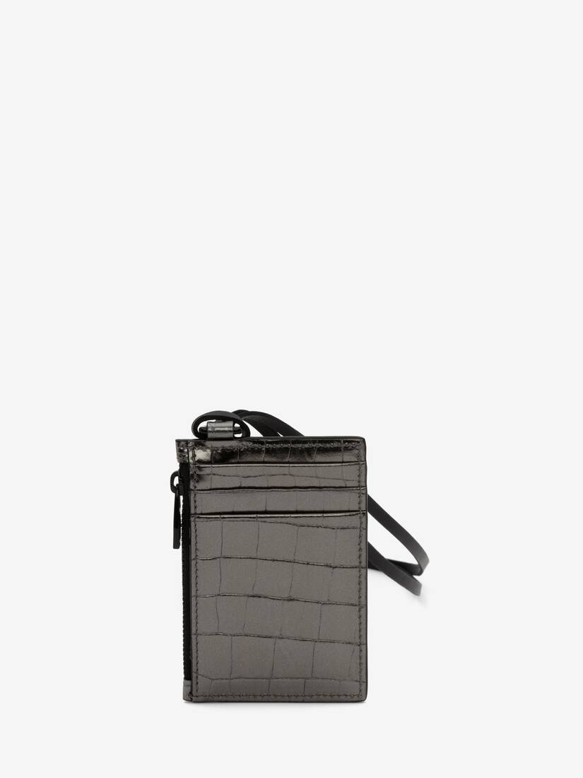 Embossed Croc Card Holder With Strap in Graphite - 3
