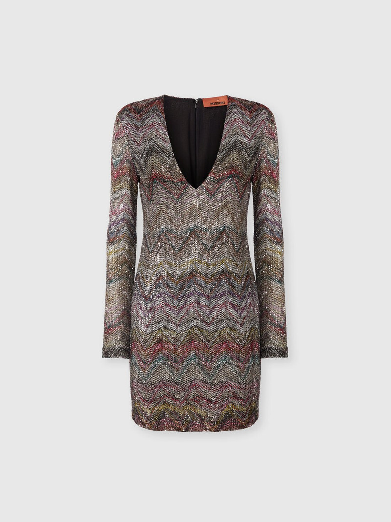 Mini Dress with V-Neck and Zigzag Pattern 1