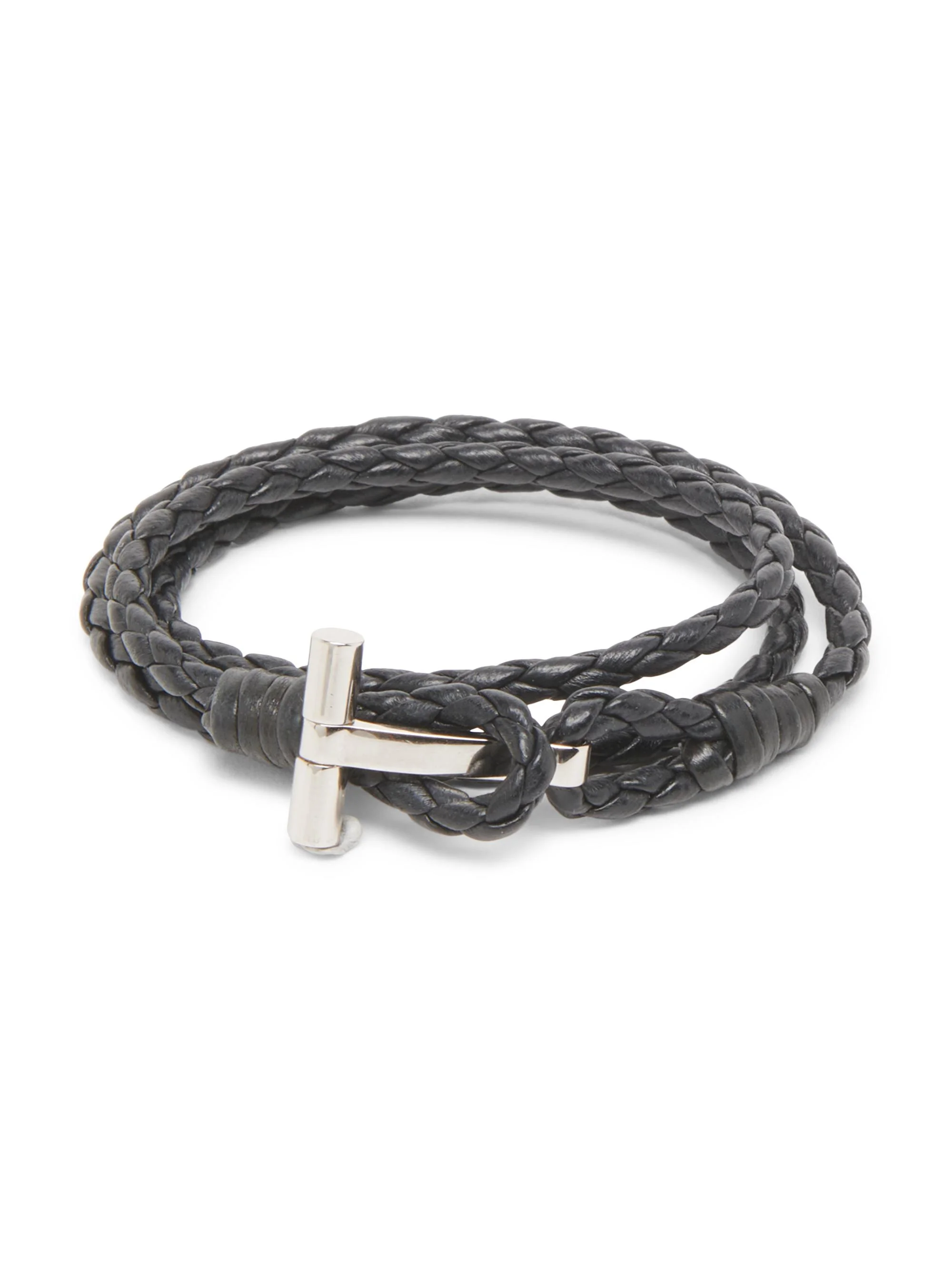 Men's Brass & Braided Leather Bracelet - Black - 1