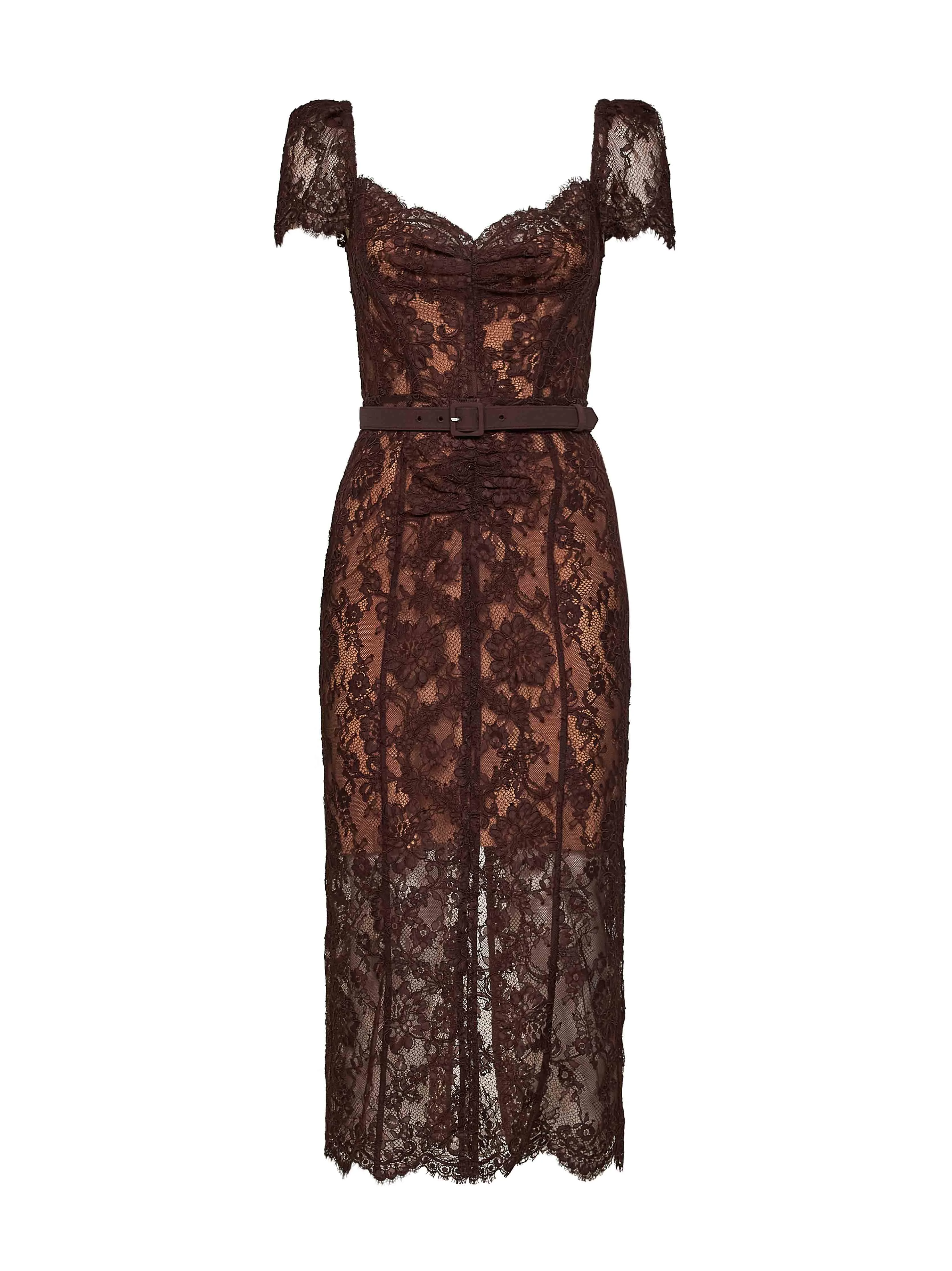 Self Portrait Women Brown Floral Lace Belted Midi Dress - 1