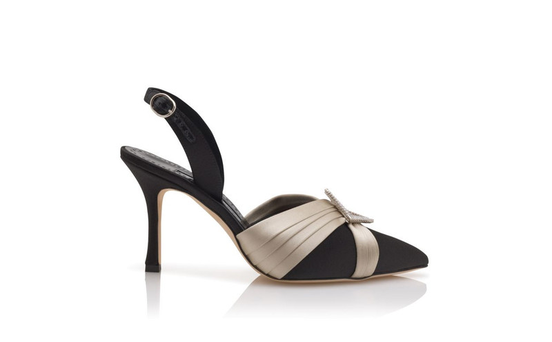 Black Satin Pleated Detail Slingback Pumps 1